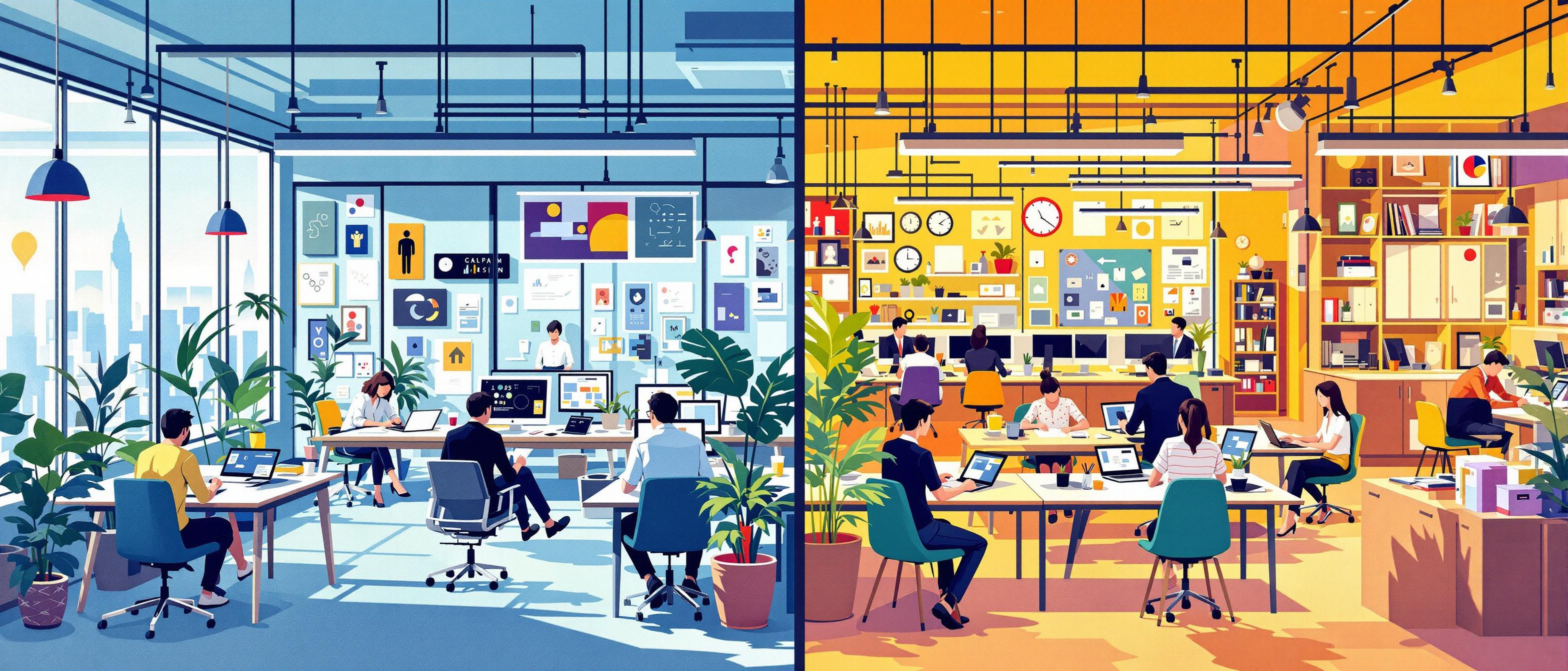 Impressionist style illustration depicting a Western tech office contrasted with a Japanese tech workspace. The Western side is open and vibrant, with bold colors and dynamic body language, while the Japanese side is orderly, with professionals working in harmony, softer colors, and an atmosphere of calm efficiency. The background includes typical office elements reflecting each culture's aesthetic. The overall mood is one of friendly comparison, highlighting key differences without judgment.