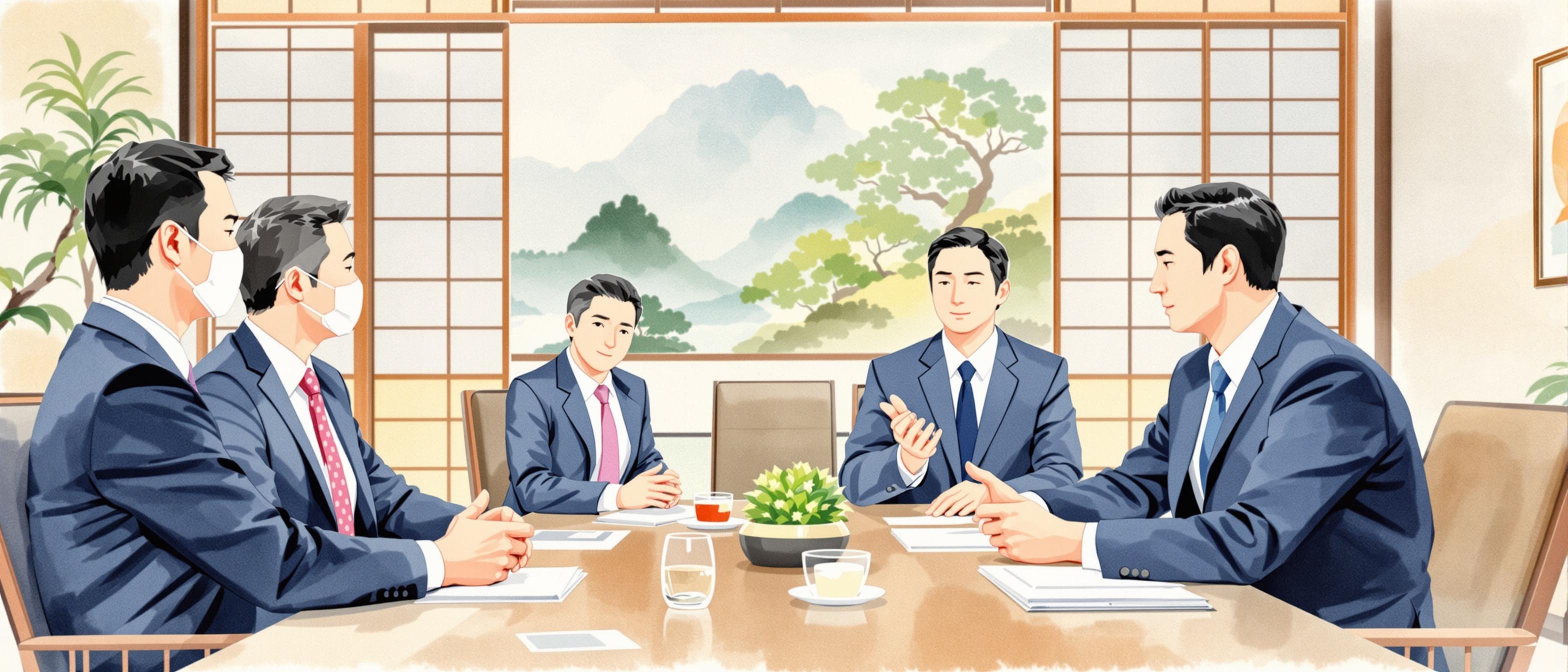 A persuasive watercolor illustration showing a Japanese business meeting scene: executives in formal suits, sitting around a table, engaging in polite, attentive discussion. Traditional Japanese office elements in the background (such as sliding doors, landscape art, and minimalist décor) convey an atmosphere of respect, structure, and formality.