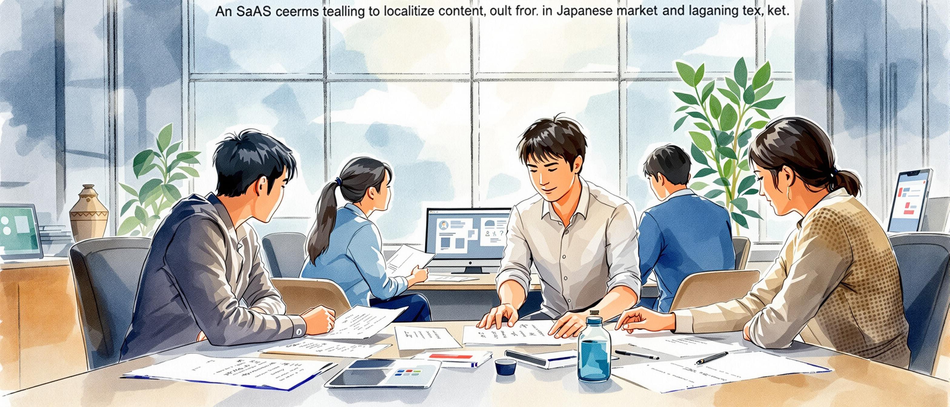 A watercolor scene showing a SaaS team carefully localizing content for the Japanese market. Team members, both international and Japanese, are reviewing documents and digital screens together, with Japanese characters visible (but not remotely readable—no legible text). The room shows both global and local influences; mood is focused and collaborative, illustrating attention to detail and respect for cultural norms.