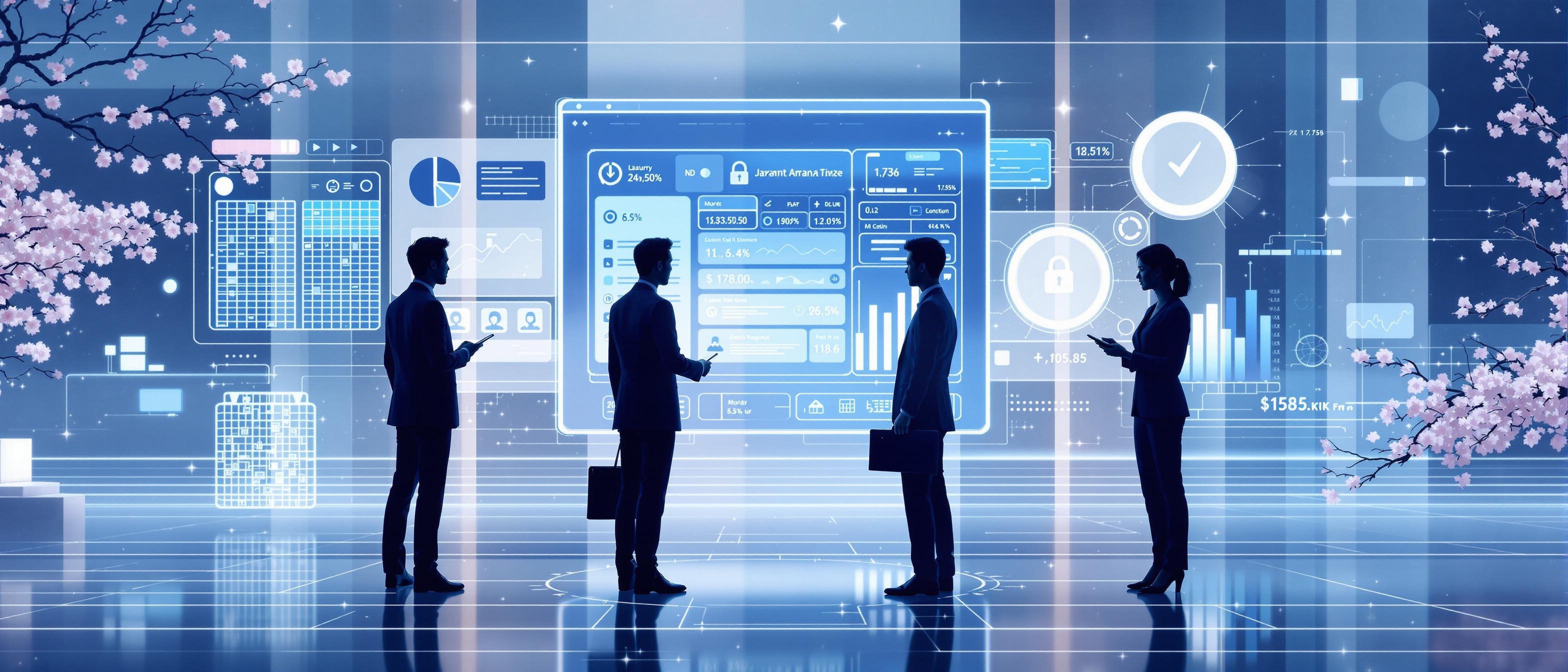 Informative, futuristic_ui_mockup style visualization showing an abstract scene representing the intersection of technology and Japanese corporate culture: a digital interface with sleek, layered UI panels, silhouettes of business professionals in suits interacting, subtle Japanese motifs in the background such as cherry blossoms and geometric patterns, a calm and organized color palette with blues, whites, and silver. The atmosphere suggests sophistication and security without using any actual language characters or text.