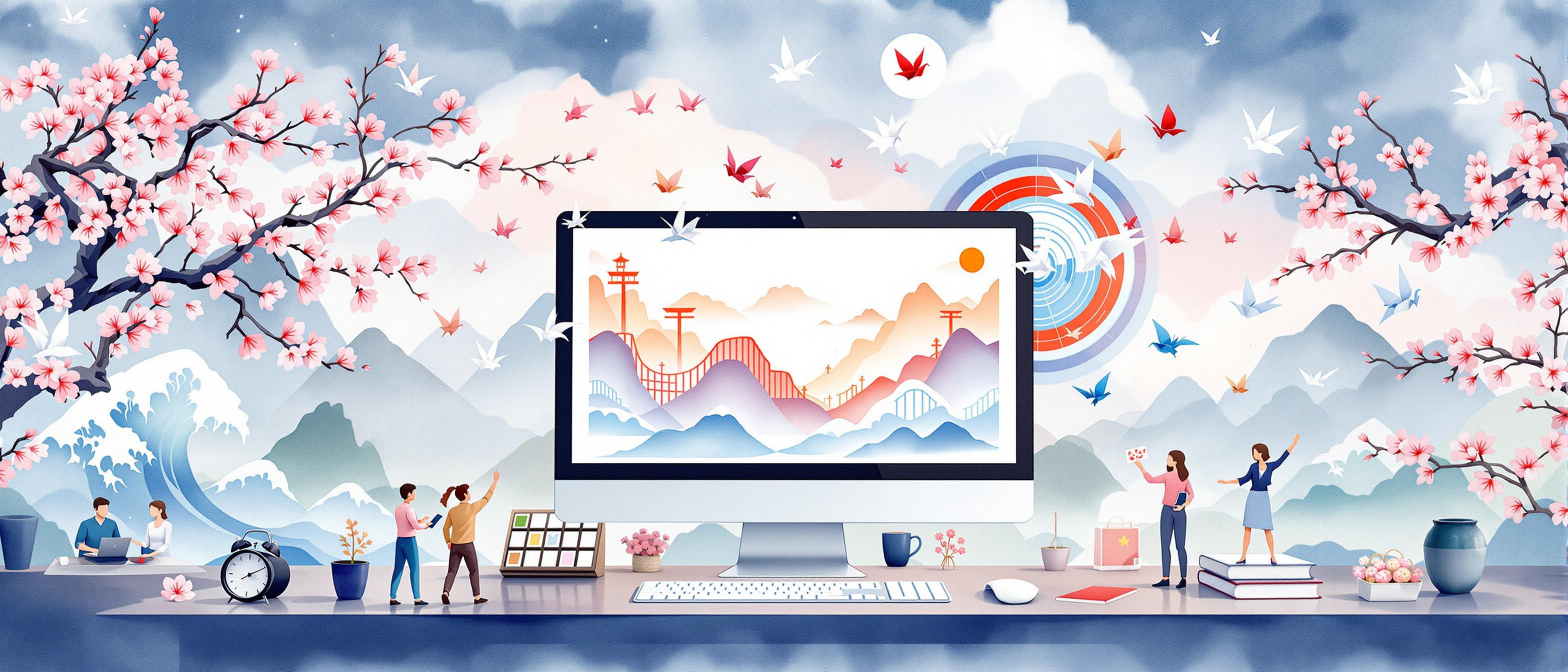 A watercolor depiction of modern SaaS software displayed on a computer, surrounded by Japanese seasonal motifs—such as plum blossoms, waves, and origami cranes—interwoven with scenes of teamwork and careful collaboration. The mood is quietly dynamic, blending traditional elements with forward-thinking innovation, reflective of product quality and local adaptation. Informative, harmonious.