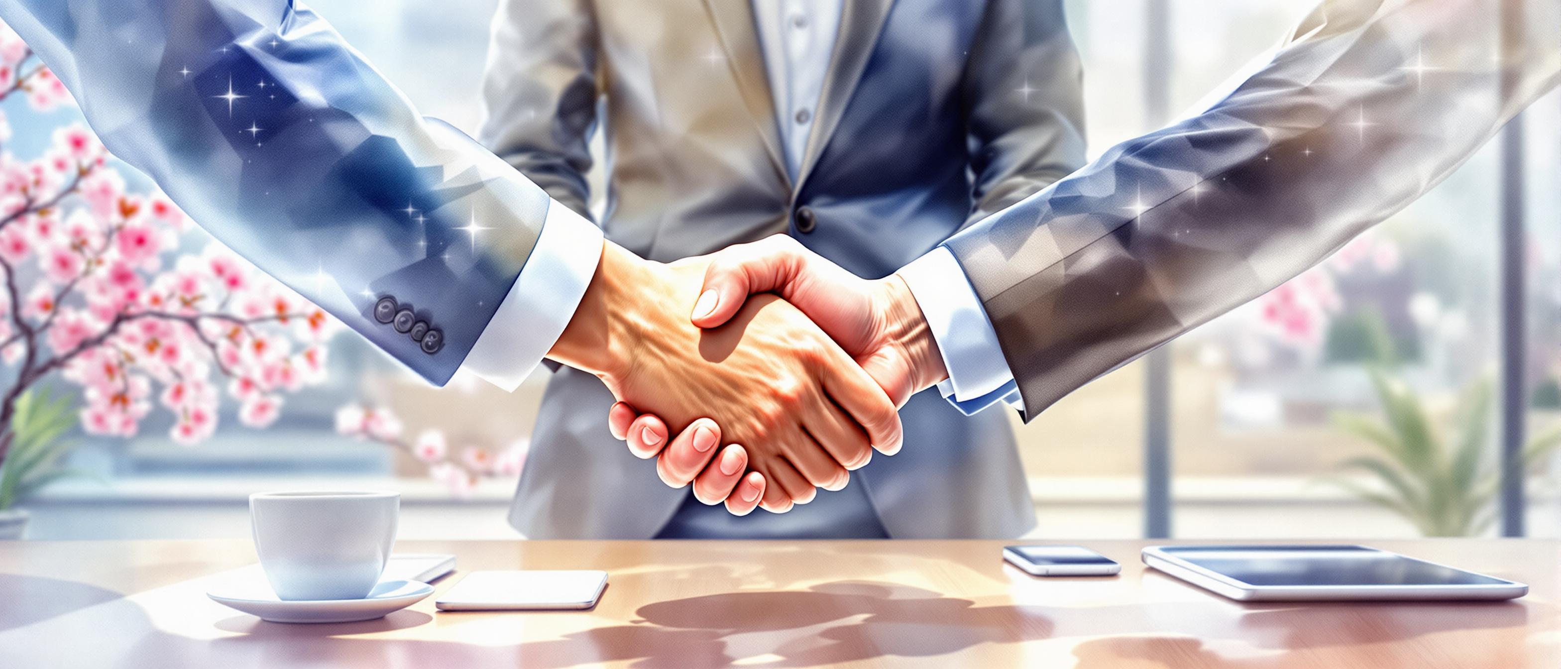 A watercolor scene depicting a handshake between a SaaS provider and a local Japanese partner in a modern office setting. The background shows subtle elements like cherry blossoms outside the window and technology devices on a meeting table, symbolizing partnership, trust, and cultural integration.