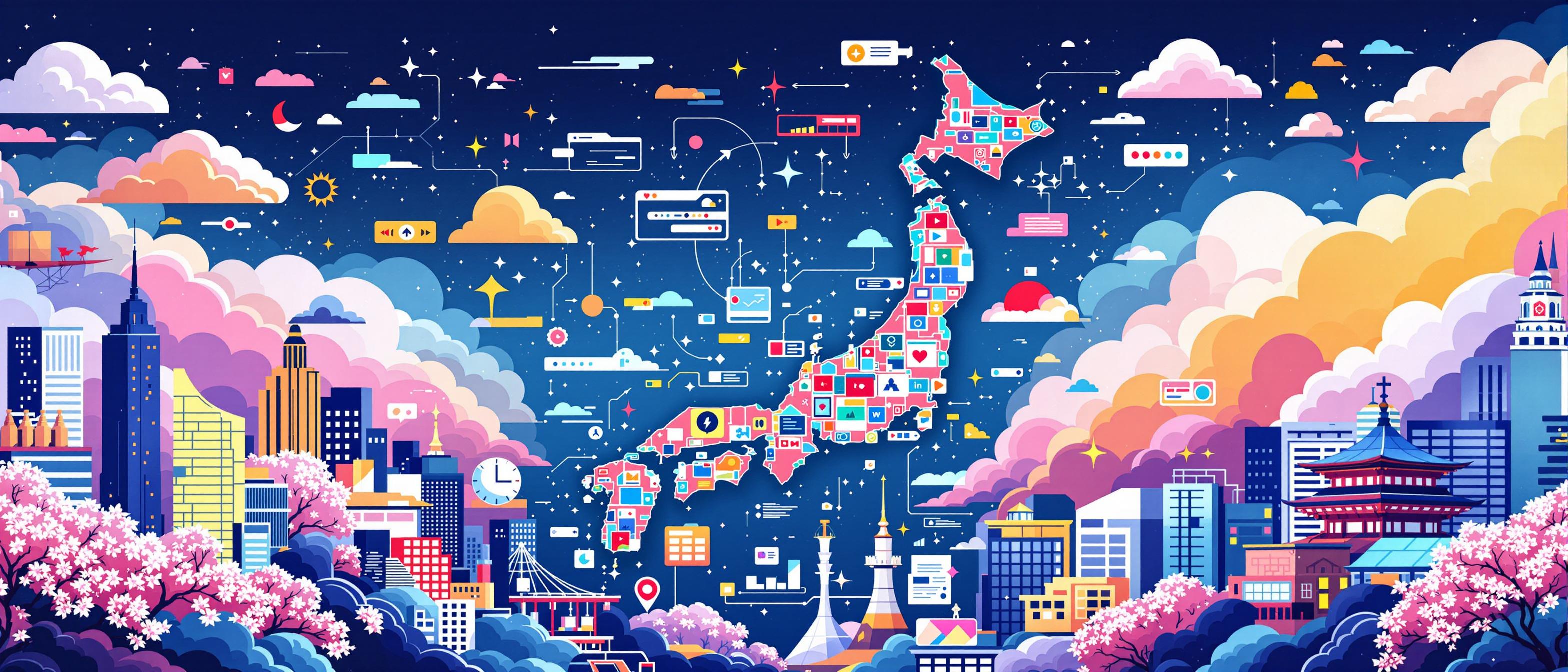 A persuasive pop_art-style illustration featuring a stylized map of Japan overlayed with dynamic digital elements representing SaaS connectivity—colorful clouds, interface tiles, and abstract network motifs. The background features iconic Japanese imagery such as cherry blossoms and modern skyscrapers. The overall mood is energetic and forward-looking, emphasizing opportunity and market potential without using any text or logos.