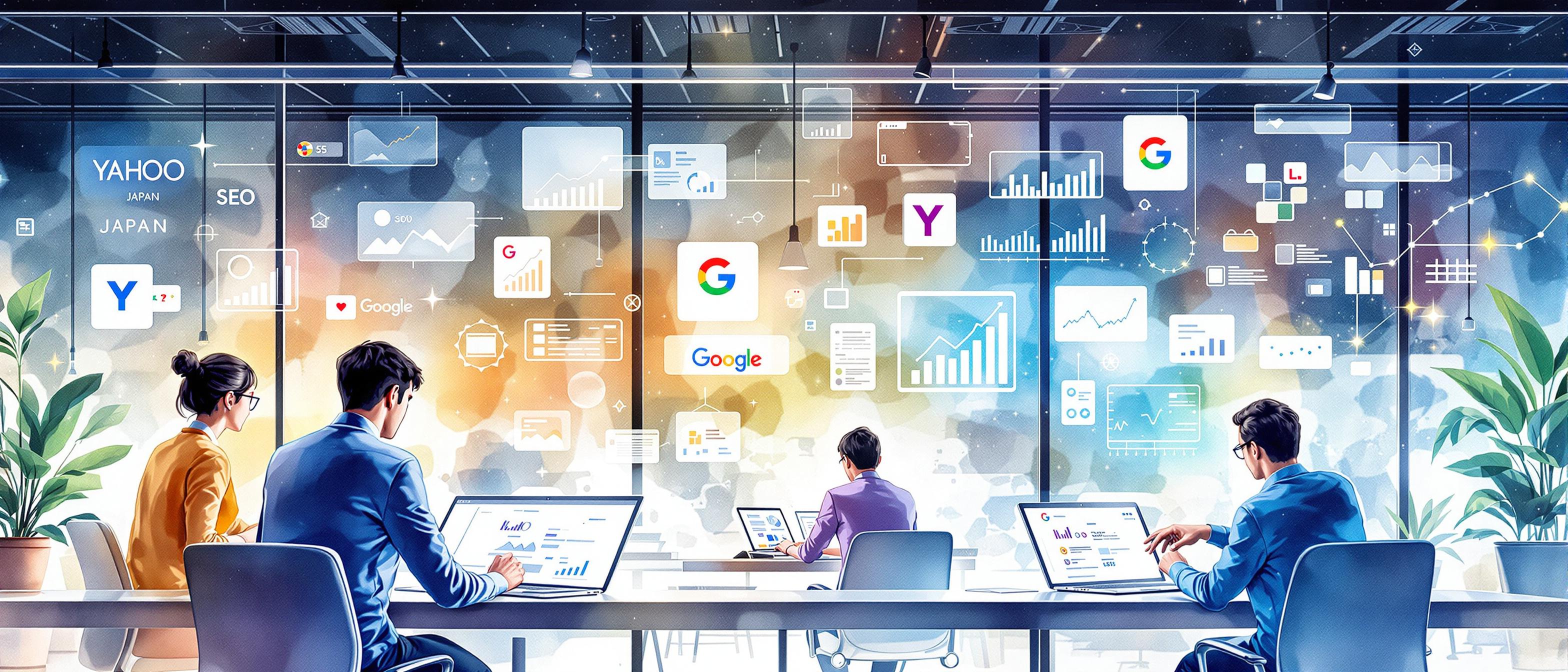 A watercolor-style image of a digital marketing team analyzing SEO data on laptops and digital screens, with symbols representing Japanese search engines (Yahoo Japan and Google) in the background. The setting suggests a modern, well-lit workspace and a strategic, focused mood.