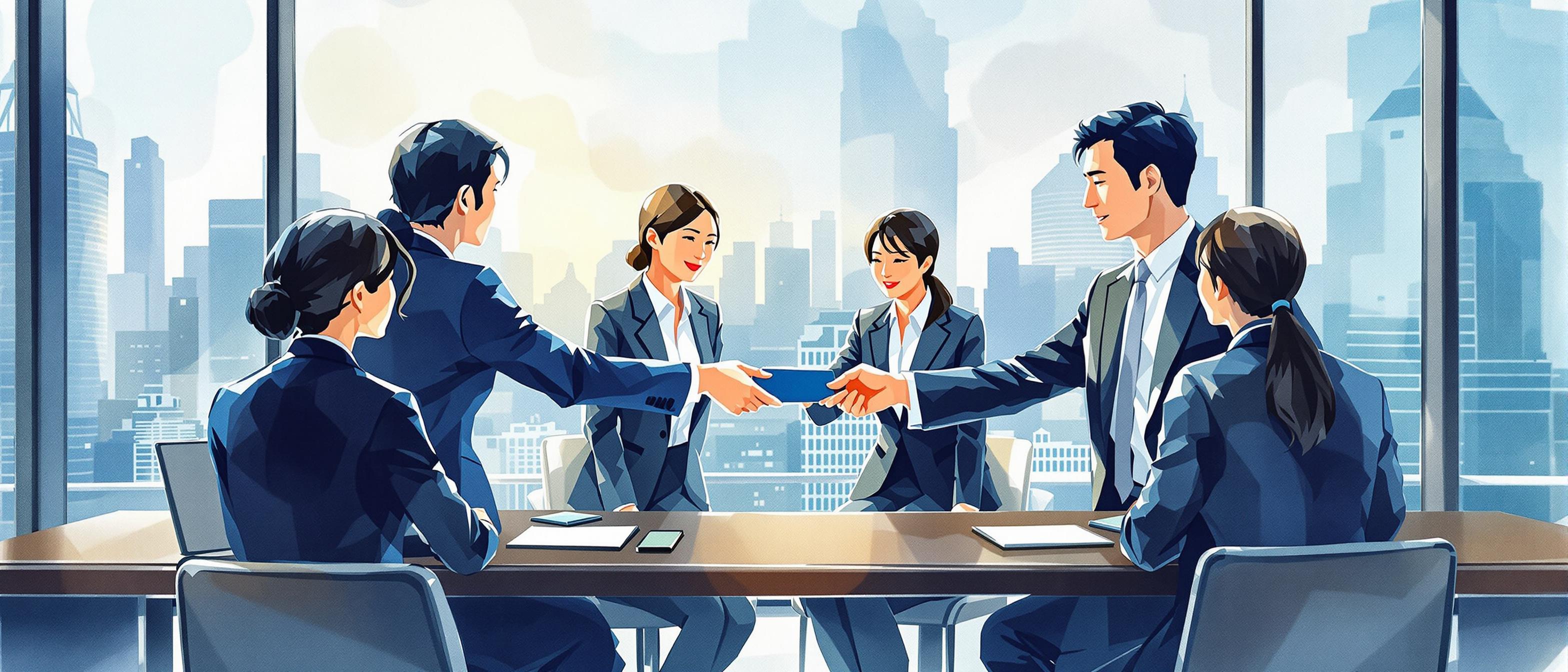 A persuasive watercolor illustration of an international business meeting in a sleek, modern Japanese office setting. The scene conveys cultural etiquette: people exchanging business cards with both hands, subtle bows, and respectful distance. The mood is formal yet collaborative, with elements such as minimalist furniture and panoramic cityscape windows in the background. The focus is on the exchange and mutual respect between Japanese and overseas professionals.