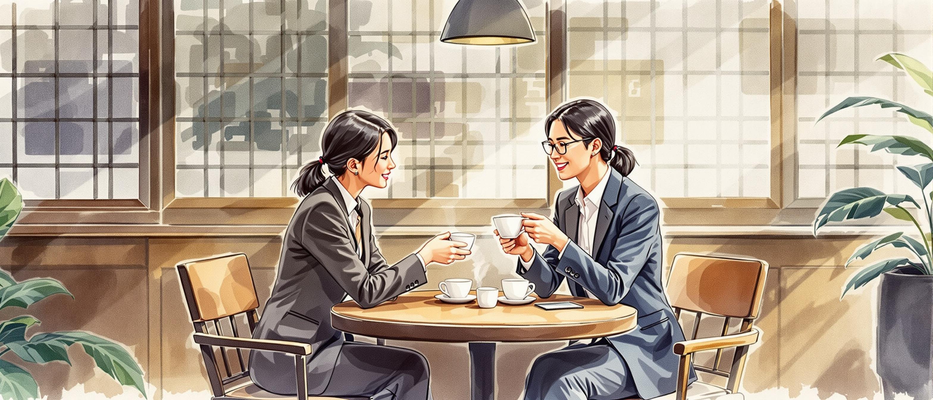 A serene watercolor scene depicting two Japanese business professionals engaged in a formal meeting at a quiet café, sharing tea. The composition includes subtle details like business cards on the table, showing the importance of harmonious, trust-building discussions before any formal business takes place. The ambiance should be calm and reflective of Japanese business culture, with understated tones and traditional interior accents in the background. (Informative tone, explanatory structure)