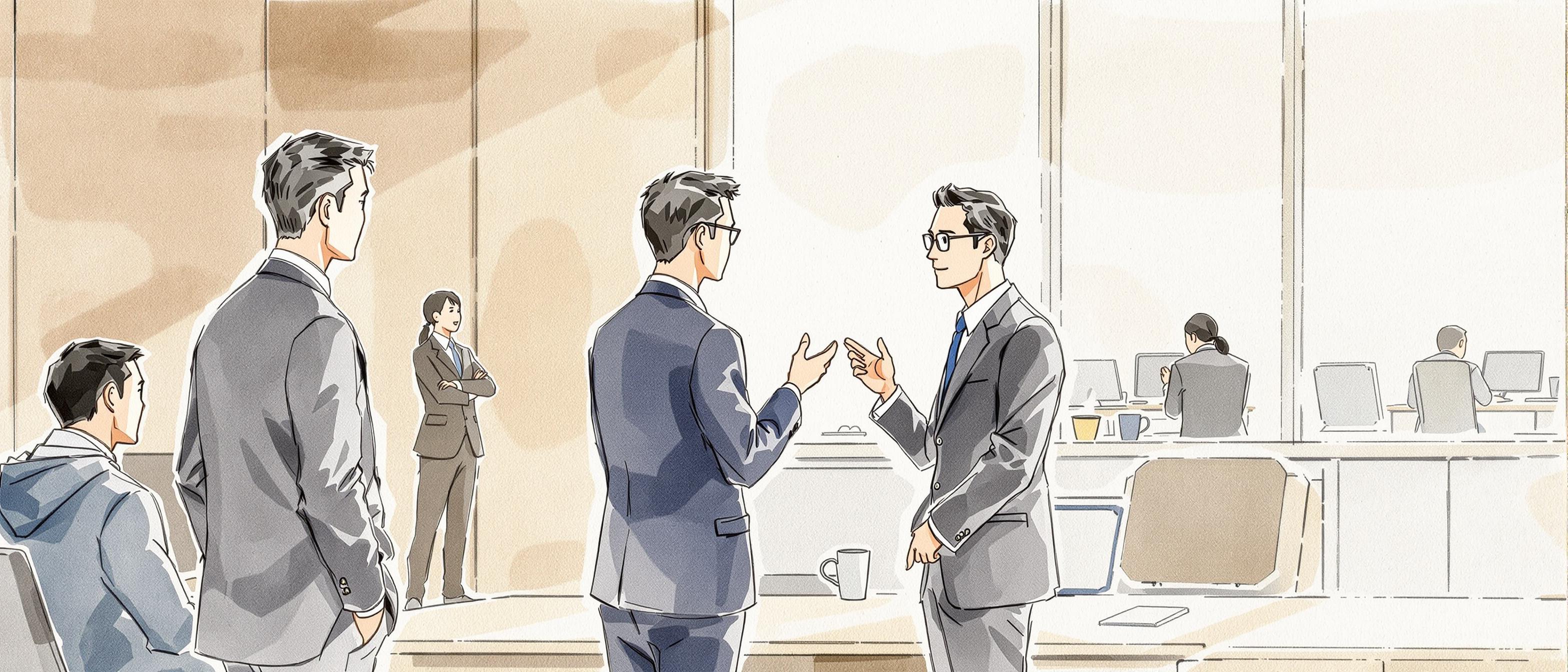 A watercolor scene illustrating subtle business communication in Japan: two professionals engaged in a conversation, exchanging attentive glances and understated gestures, surrounded by an office setting with other quietly observing colleagues. The mood highlights careful listening, indirect interaction, and emphasis on non-verbal cues.