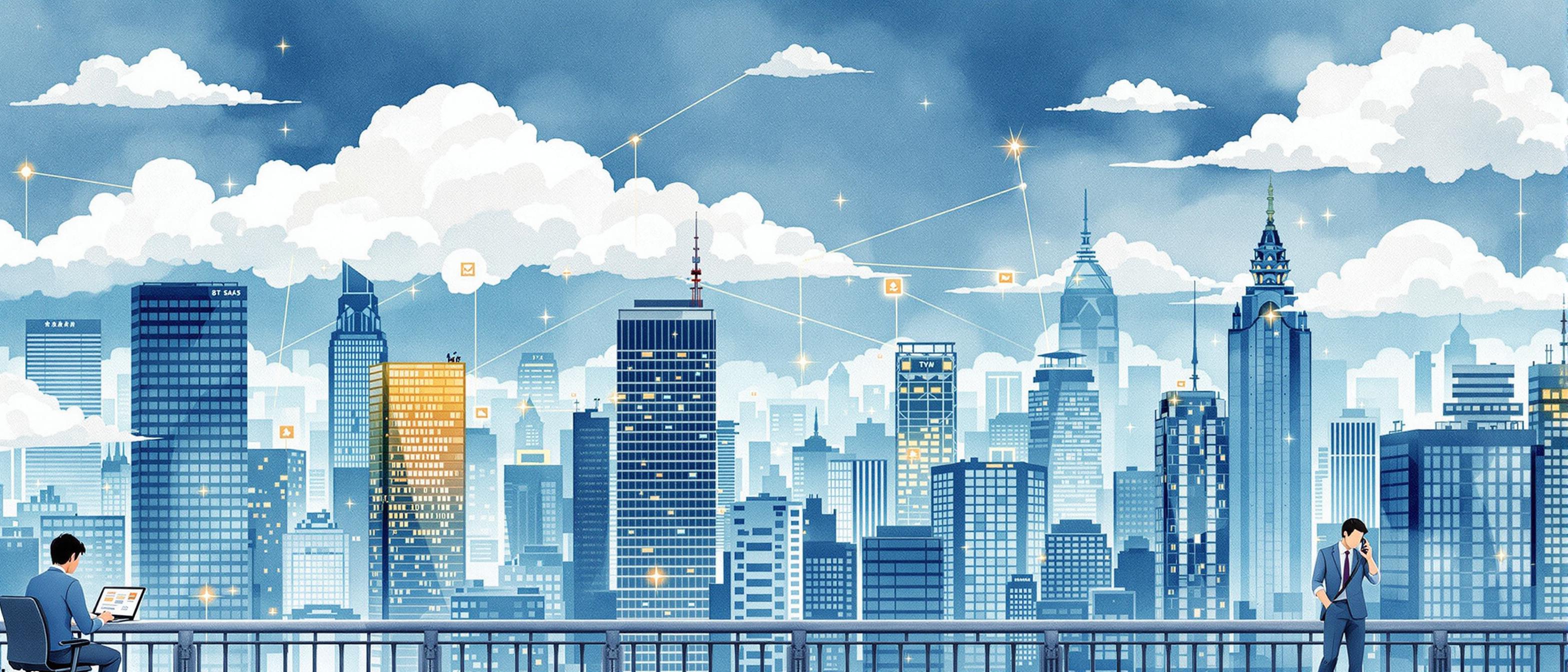 Informative structure: A watercolor illustration showing a busy Japanese cityscape with businesspeople using laptops and smartphones, digital clouds connecting office skyscrapers, and abstract hints of data flows, symbolizing digital transformation and cloud SaaS growth in Japan’s corporate environment. Background should evoke a sense of scale and ambition, with technology elements seamlessly blending into the traditional urban landscape.