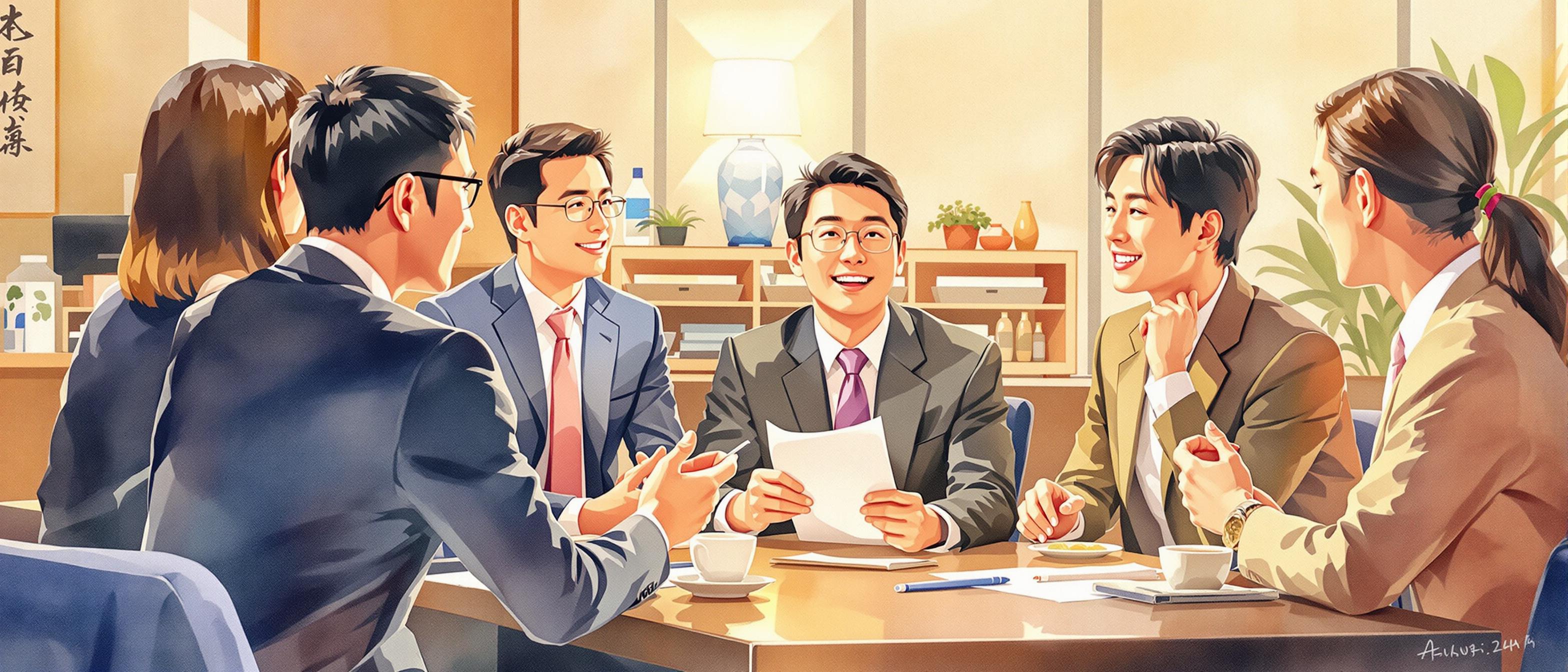 A watercolor painting depicting a storytelling scene in a Japanese business context. A diverse group of professionals is listening intently to a colleague who is sharing an engaging business story. Warm, harmonious tones; the atmosphere captures a sense of empathy, shared experience, and emotional connection. Background elements suggest a calm, elegant modern office with hints of Japanese décor.