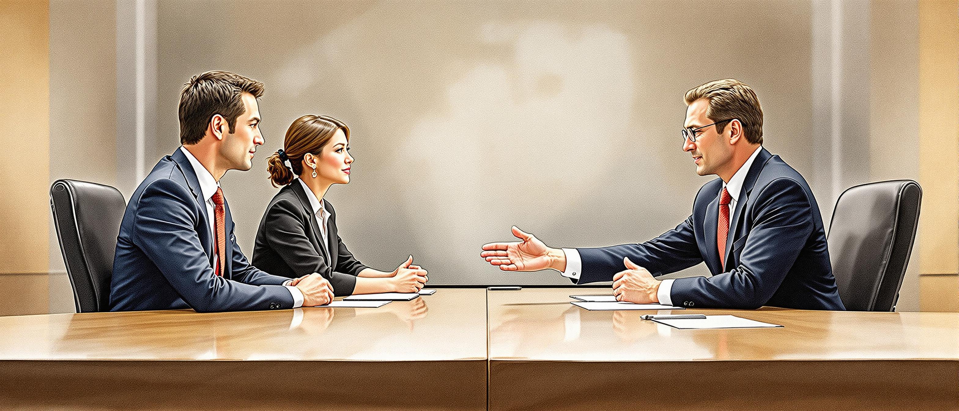 A detailed watercolor depiction of two business teams—one Western, one Japanese—engaged in a formal meeting across a conference table, highlighting contrasting dress, etiquette, and gestures. The background should include subtle motifs of Japanese patterns, and the mood should reflect respect and attentiveness. (persuasive tone, roadmap structure)