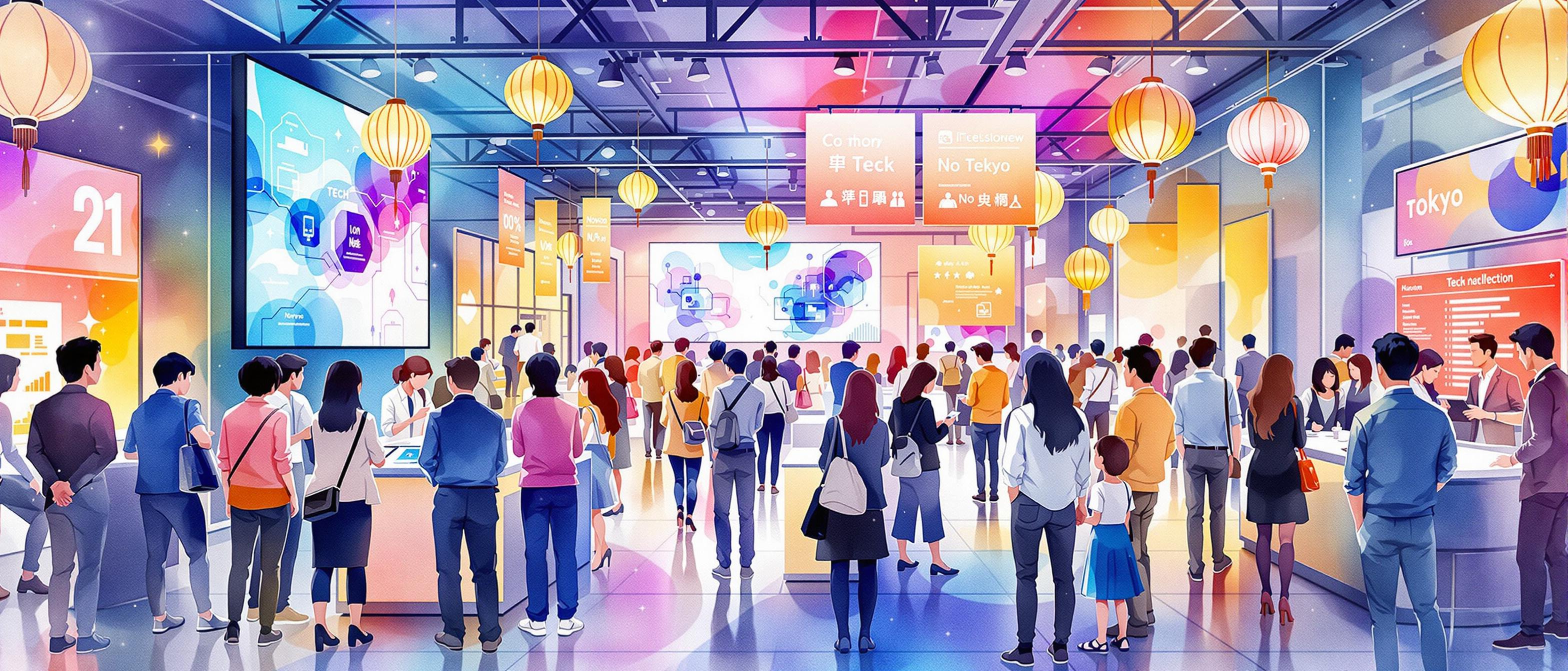 A vibrant watercolor artwork representing a collaborative marketing event: a co-hosted tech seminar in a contemporary Tokyo venue. Attendees of diverse backgrounds interact at display booths, digital screens show abstract tech visuals (no text), and soft banners and lanterns add a festive, professional vibe. The mood is energetic and forward-looking.