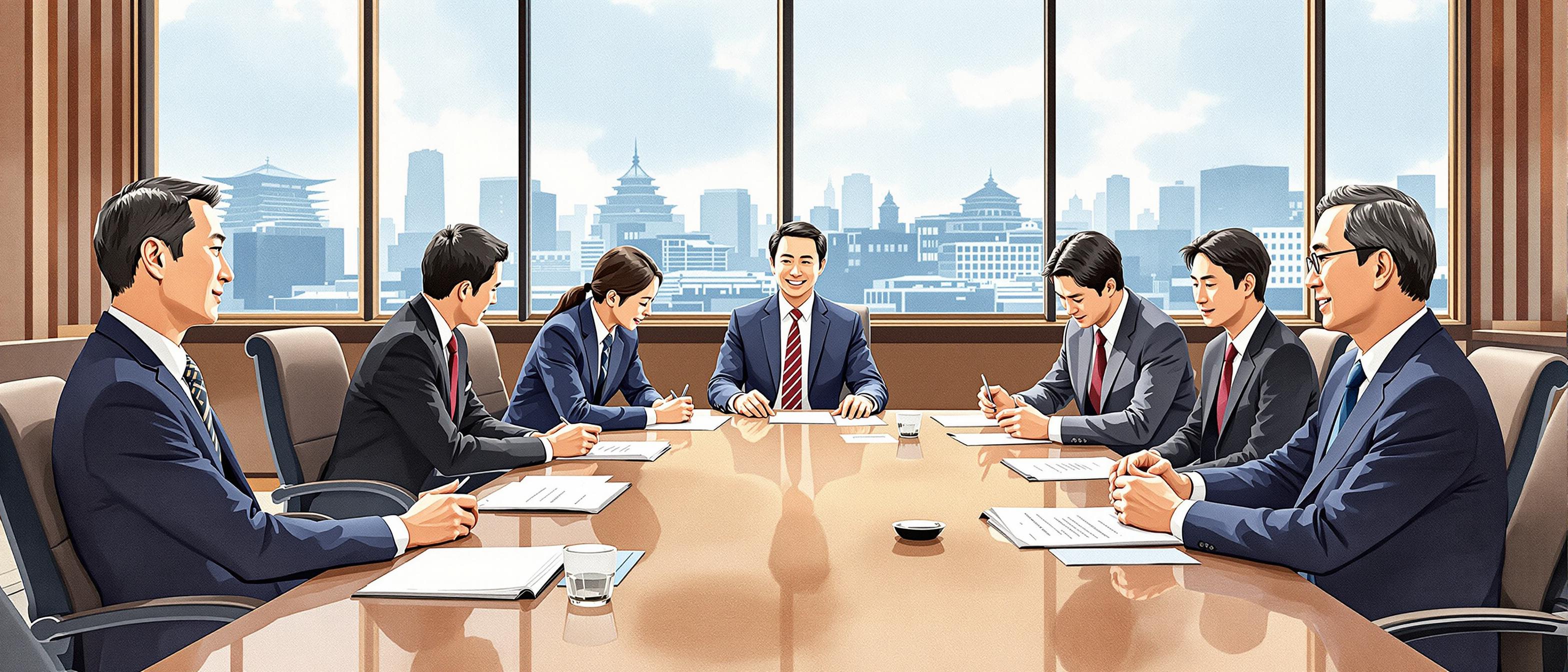 A watercolor-style illustration depicting a traditional Japanese business setting: professionals in formal attire sit around a large conference table, calmly discussing documents, with subtle indicators of hierarchy (such as seating arrangement). Windows show a cityscape with Japanese architecture. The mood is harmonious, respectful, and collaborative, emphasizing group unity and consensus.