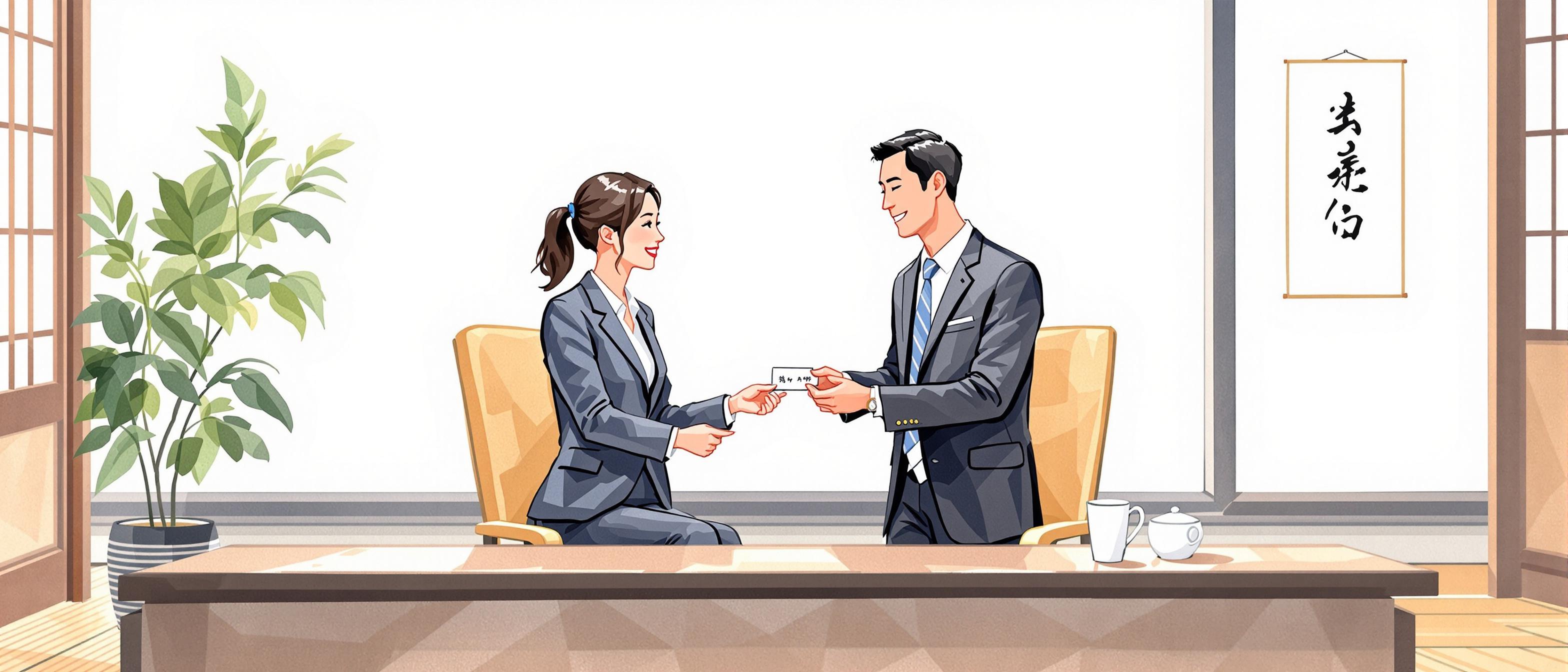 A persuasive watercolor illustration showing the relationship-building process in Japanese B2B SaaS sales: two business people, one Japanese and one foreign, exchanging business cards in a formal office setting with subtle but visible Japanese cultural cues (such as a calligraphy scroll and tatami elements), symbolizing respect, cultural understanding, and the importance of trust in partnerships. The background is soft, with natural light, evoking a sense of professionalism and harmony.