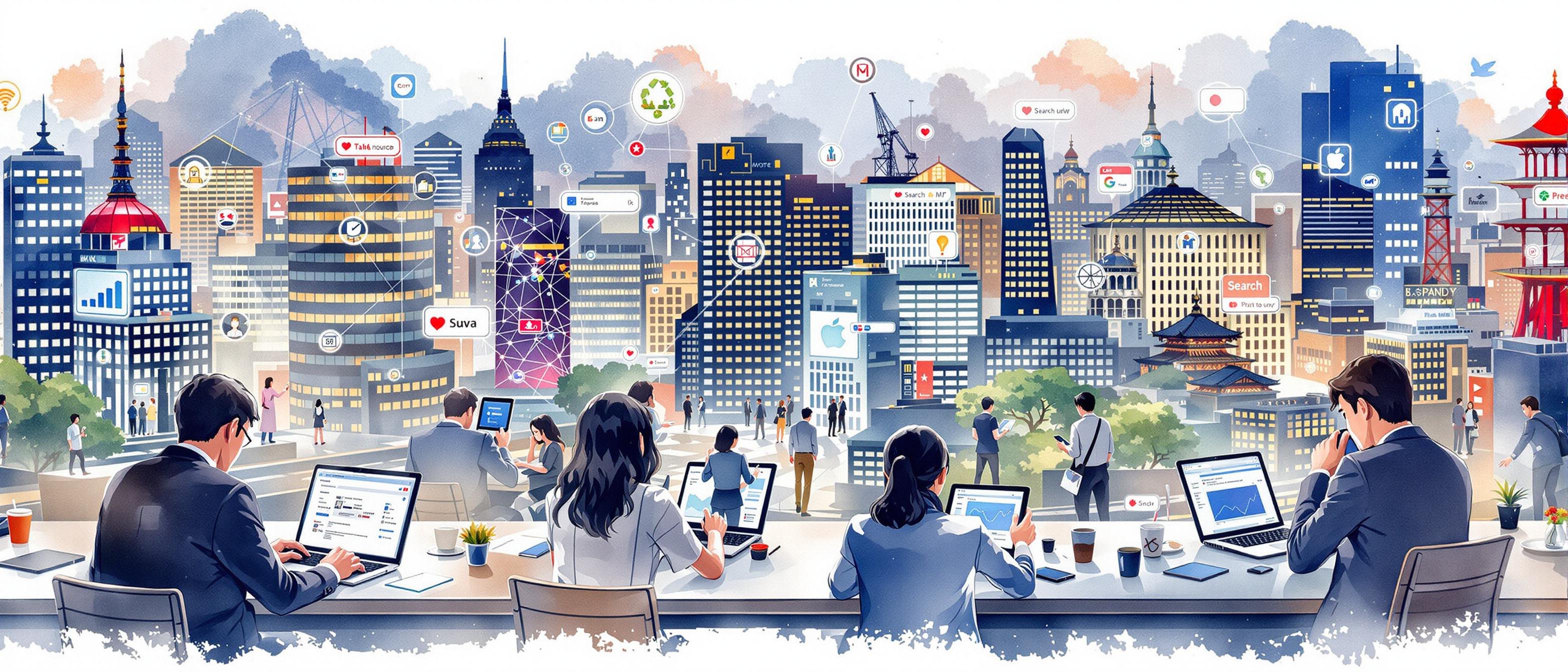 A watercolor illustration showing a modern Japanese cityscape with digital devices (such as laptops and smartphones) being used by diverse business professionals, symbolizing Japan's unique, tech-driven digital market. Background should include signs of connectivity and search icons subtly blended into city elements. Mood: dynamic, innovative, and professional.