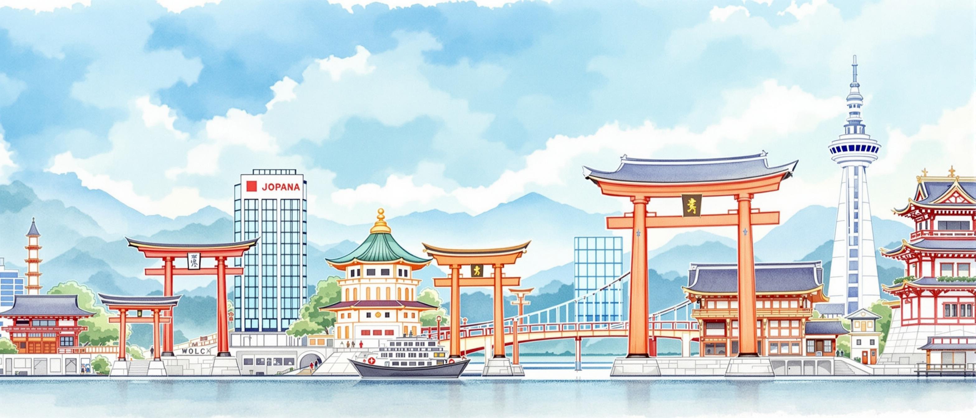 A watercolor illustration displaying various business partnership models as interconnected, stylized Japanese architectural forms (like traditional wooden gates, modern buildings, and bridges), each with distinct characteristics but harmoniously arranged. The background is a serene Japanese landscape, conveying balance and strategic opportunity.