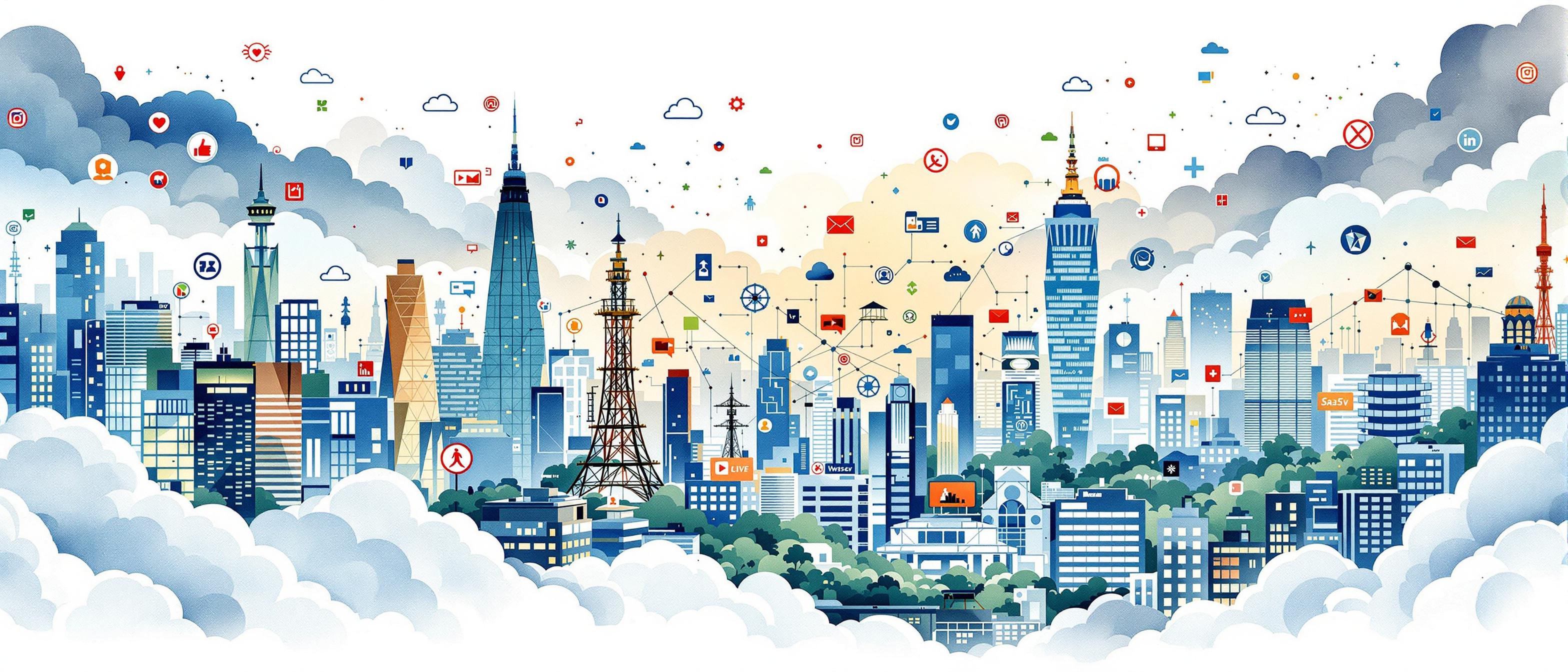 A watercolor illustration depicting the landscape of Japan’s SaaS market, showing interconnected cityscapes, digital clouds, and symbolic SaaS icons flowing through a dynamic urban background. The mood is energetic and forward-looking, suggesting technological growth and vibrant business activity.