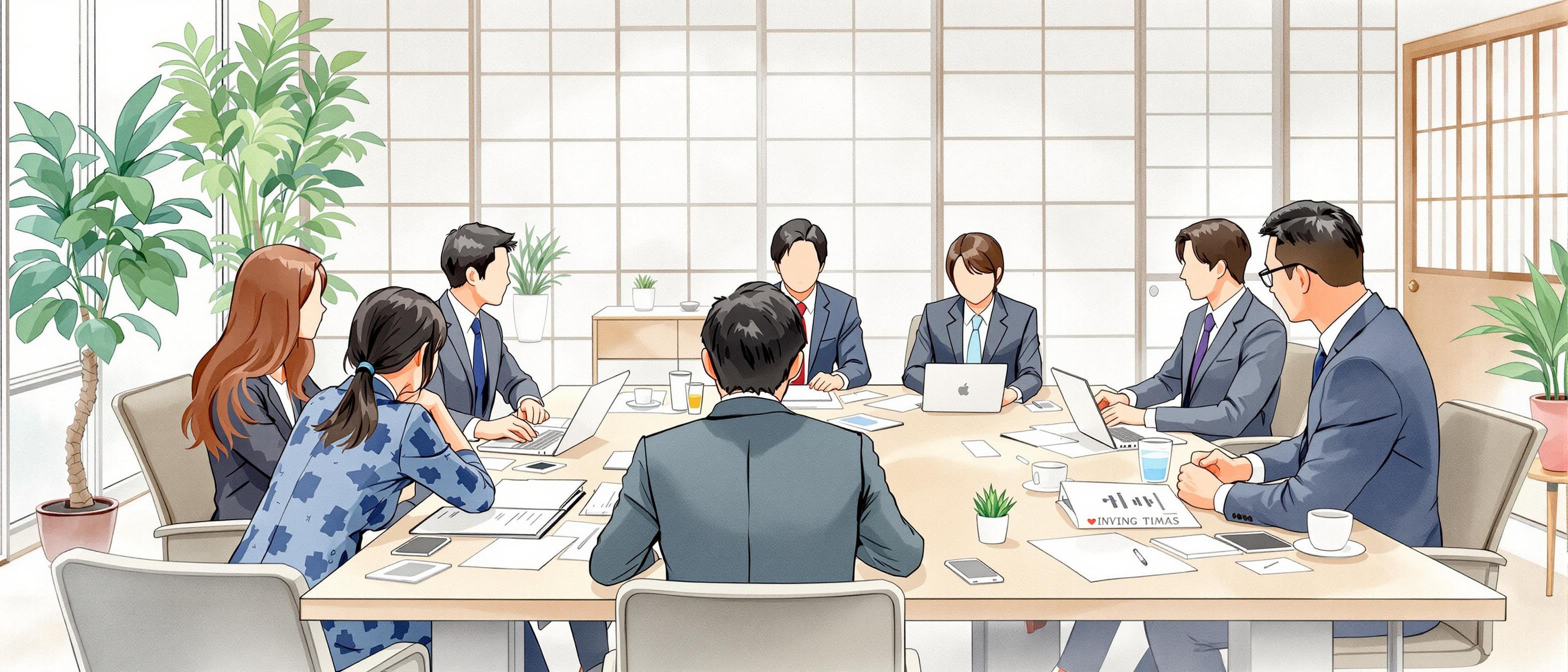 A watercolor illustration of a Japanese corporate office setting with a diverse group of professionals in business attire gathered around a table, engaged in a formal meeting. The environment should feel organized and harmonious, with visible elements of paperwork, laptops, and subtle hints of Japanese aesthetics such as shoji screens or indoor plants. The mood is focused yet collaborative, representing consensus-driven decision making.
