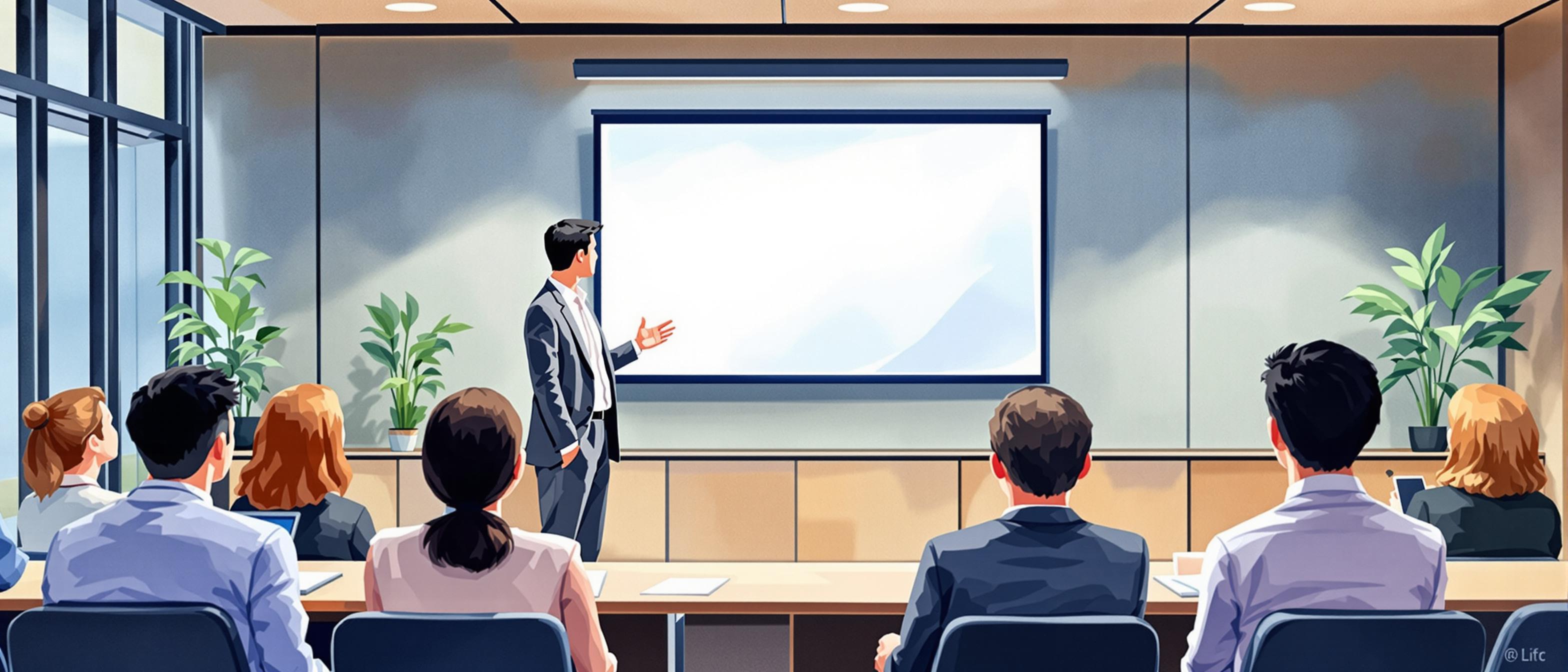 A watercolor-style scene showing a modern office presentation: a presenter stands before a large screen displaying clear, simple slides. Audience members of diverse backgrounds listen respectfully, and the slides use minimal design with generous whitespace and straightforward layouts. The environment radiates clarity, professionalism, and methodical pacing appropriate to Japanese business culture.