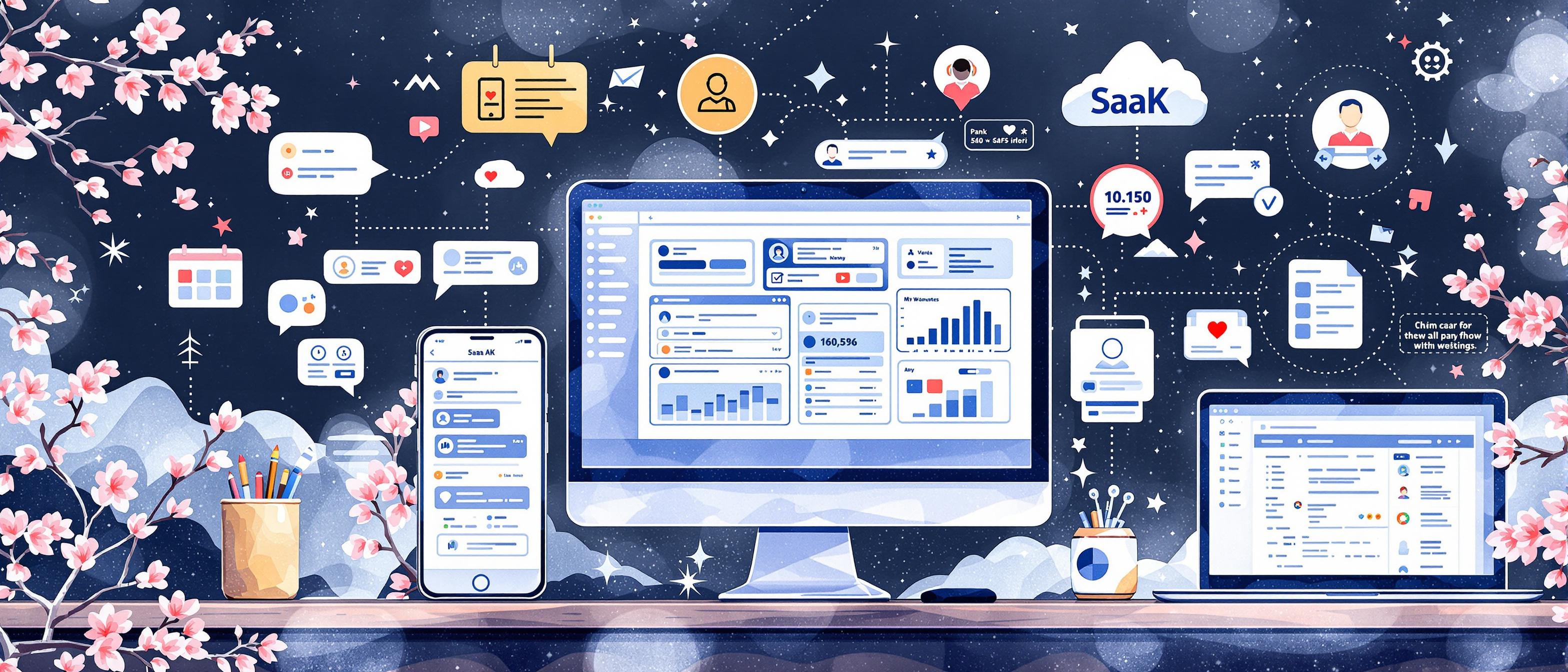 Informative structure: Watercolor style image of a Japanese SaaS user interface shown on both a smartphone and desktop, surrounded by supportive elements such as live chat bubbles, customer support icons, and digital trust badges. Background includes subtle references to Japanese motifs like cherry blossoms or Mt. Fuji, highlighting culturally tailored design and high customer support expectations for Japanese B2B buyers.