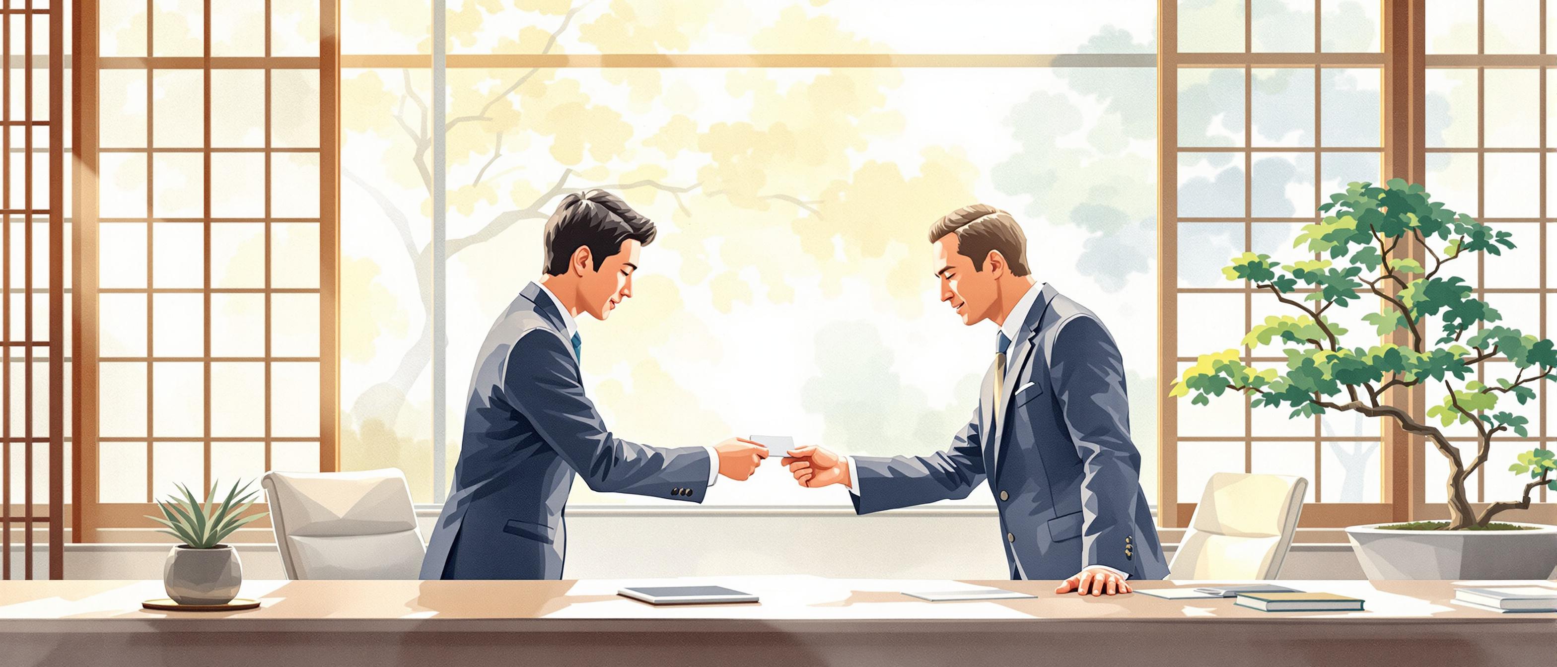 A watercolor scene highlighting cultural nuance in Japanese business interactions. Two professionals exchange business cards with formal bowing in a sunlit, minimalist office featuring elements of traditional Japanese design (like a shoji screen or bonsai). The atmosphere should evoke respect, attention to detail, and an emphasis on long-term partnership, using gentle, harmonious colors.