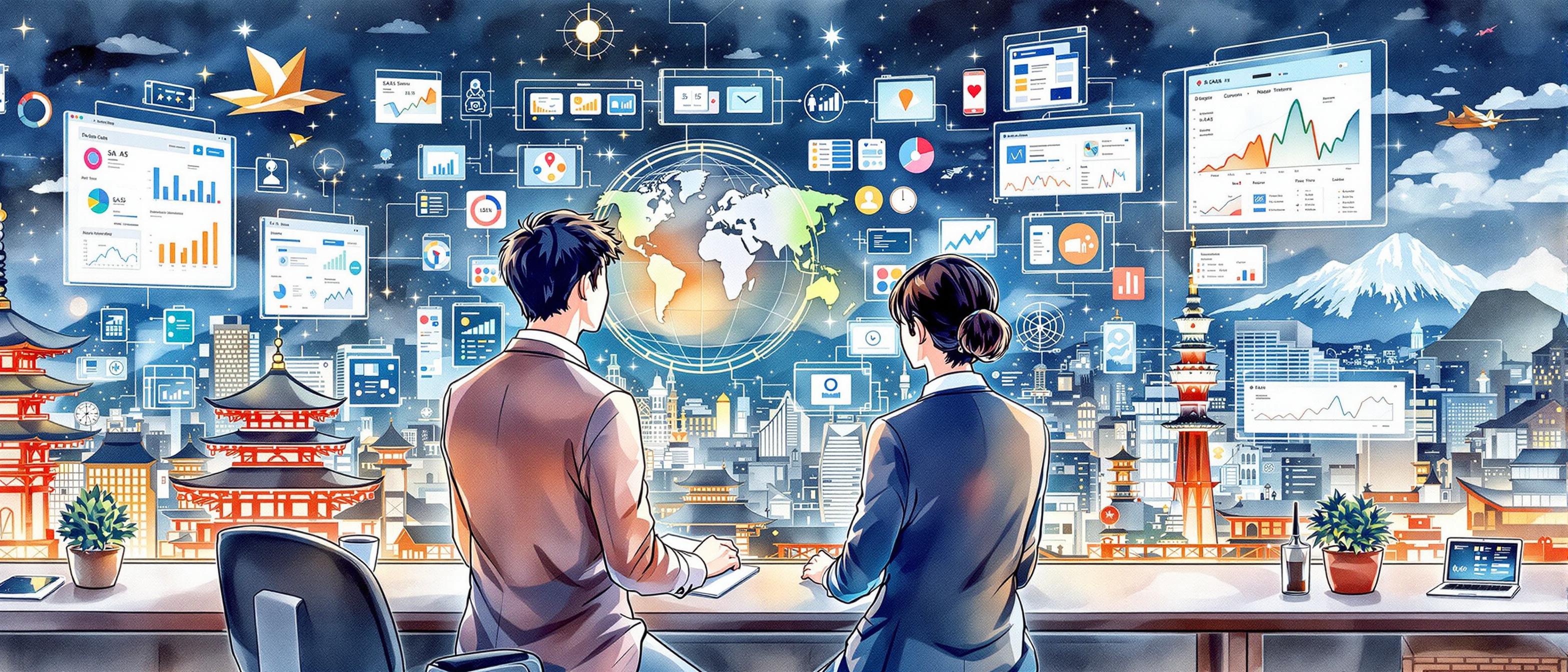 A detailed watercolor scene showing two business professionals—one from Japan, one international—studying digital screens displaying charts, maps, and SaaS icons. The background features a blend of traditional Japanese and modern cityscape elements, evoking the intersection of innovation and culture. The mood is analytical and collaborative, supporting a strategic market research conversation.