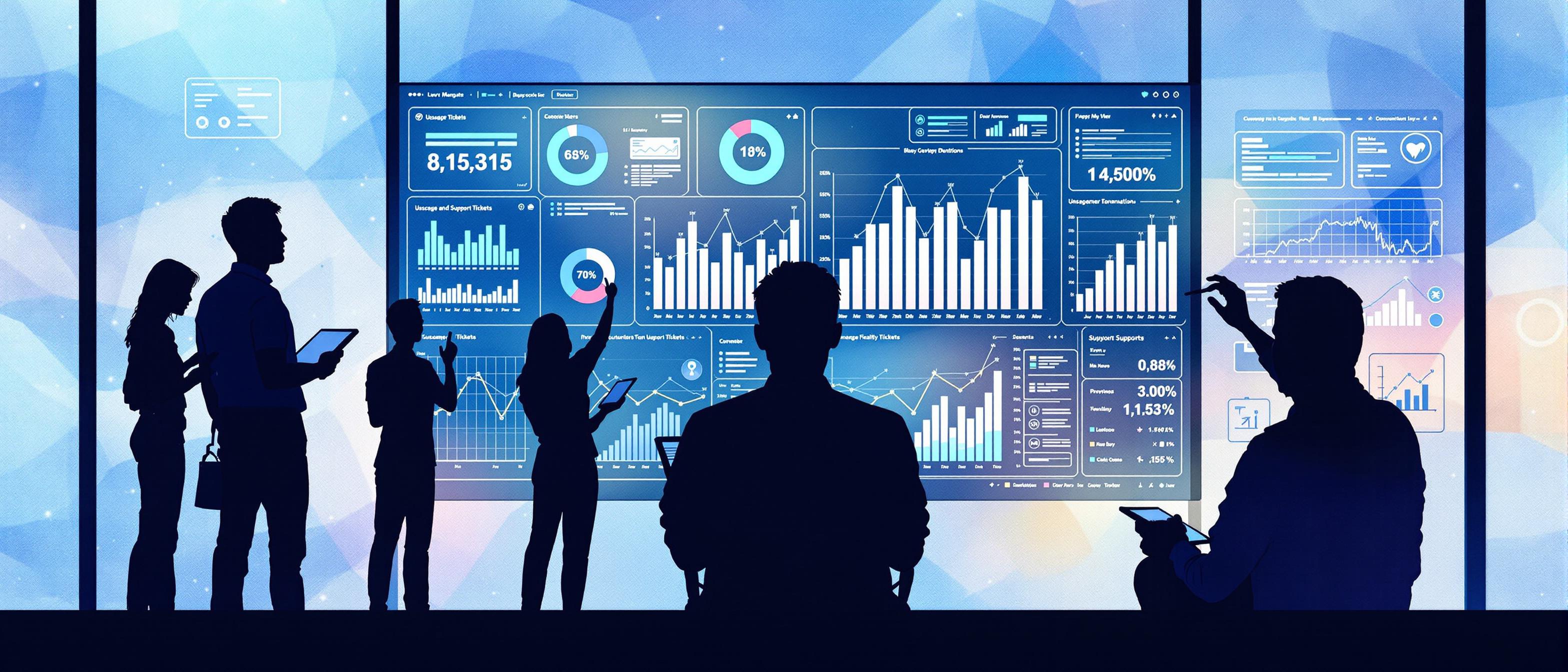 A watercolor scene showing a digital dashboard filled with graphs and data points, softly rendered, with silhouettes of people analyzing usage patterns and support tickets. The background is an abstract blend of soothing blues and pastels, evoking a sense of technology, clarity, and organized analysis. The image highlights proactive monitoring of customer health metrics.