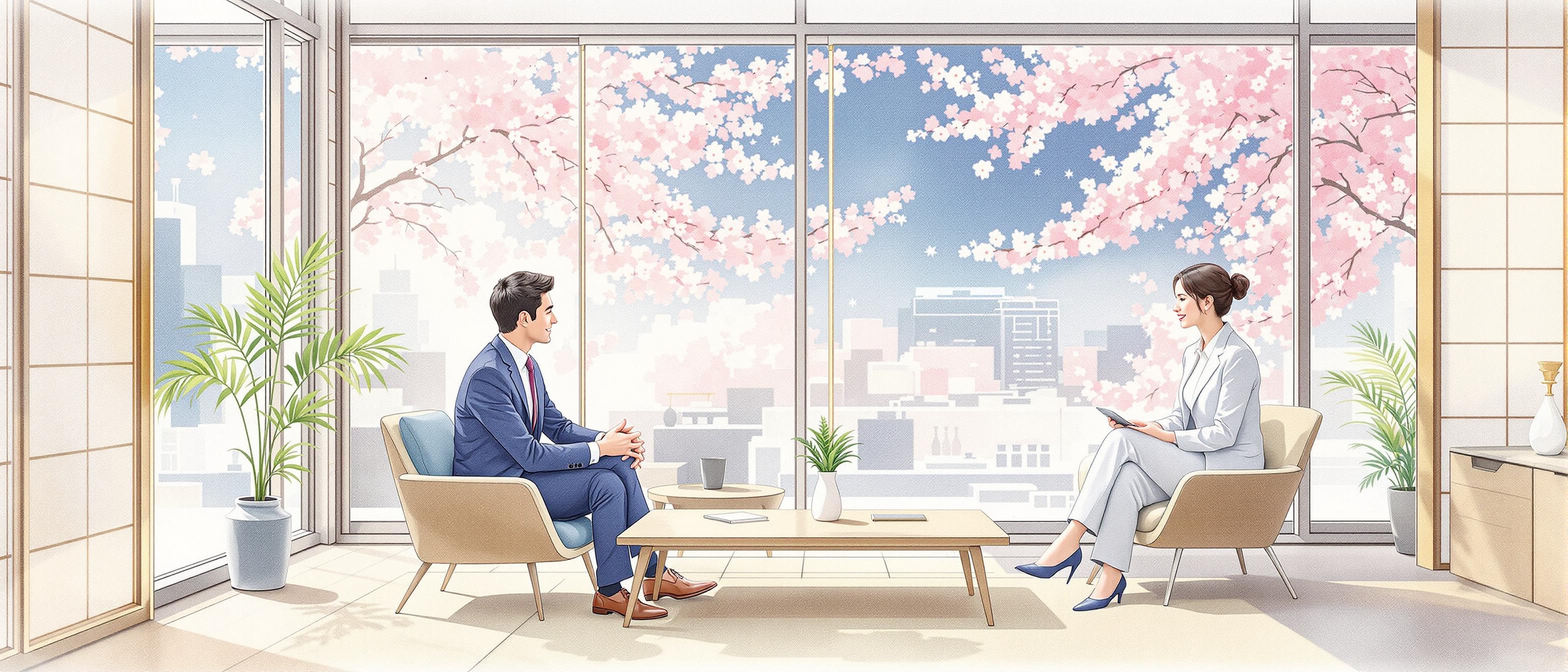 A delicate watercolor scene illustrating two business professionals, one Western and one Japanese, meeting in a serene, modern Tokyo office setting, with subtle cultural cues such as rice paper dividers, low tables, and a cherry blossom view out the window. The mood is respectful and cordial, emphasizing cultural exchange and partnership formation.