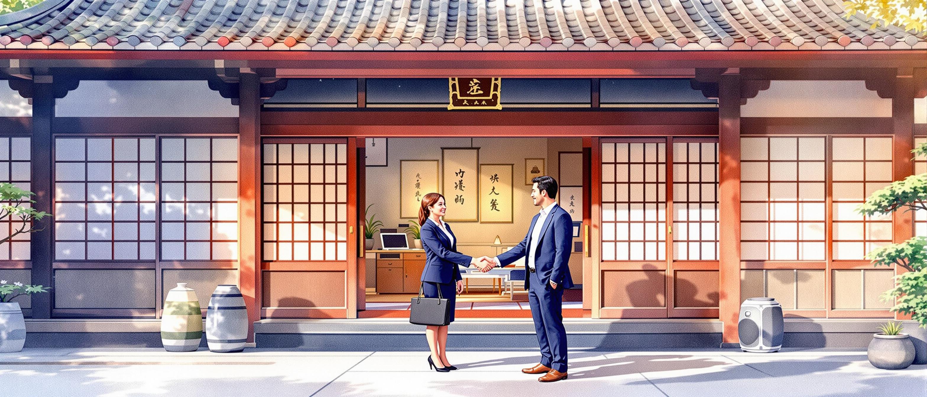 A watercolor-style image showing two business professionals shaking hands in front of a traditional Japanese tea house, with subtle modern touches like laptops and smartphones. The environment should emphasize trust, relationship-building, and respect, capturing a blend of Japanese business formality and warmth.