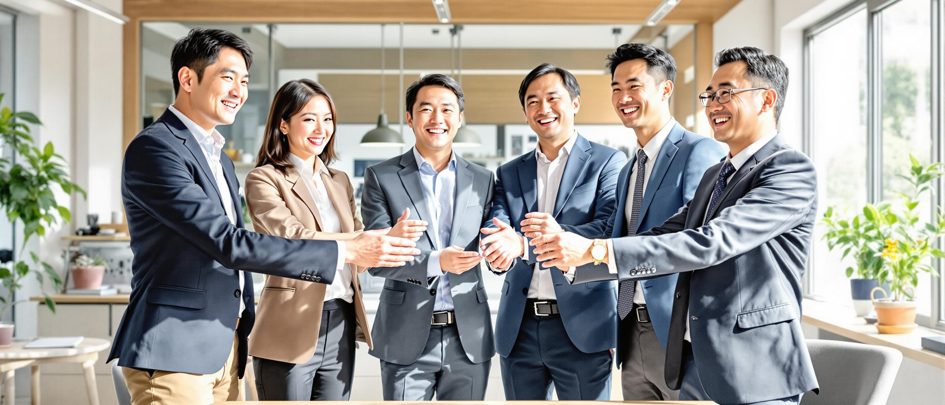 A watercolor group portrait showing several Japanese business team members in a relaxed but professional environment, celebrating a shared project success. Their body language should indicate cooperation, with soft smiles and gentle gestures of acknowledgment, highlighting group achievement and consensus. Office interior elements and natural lighting reinforce a collaborative, positive mood.