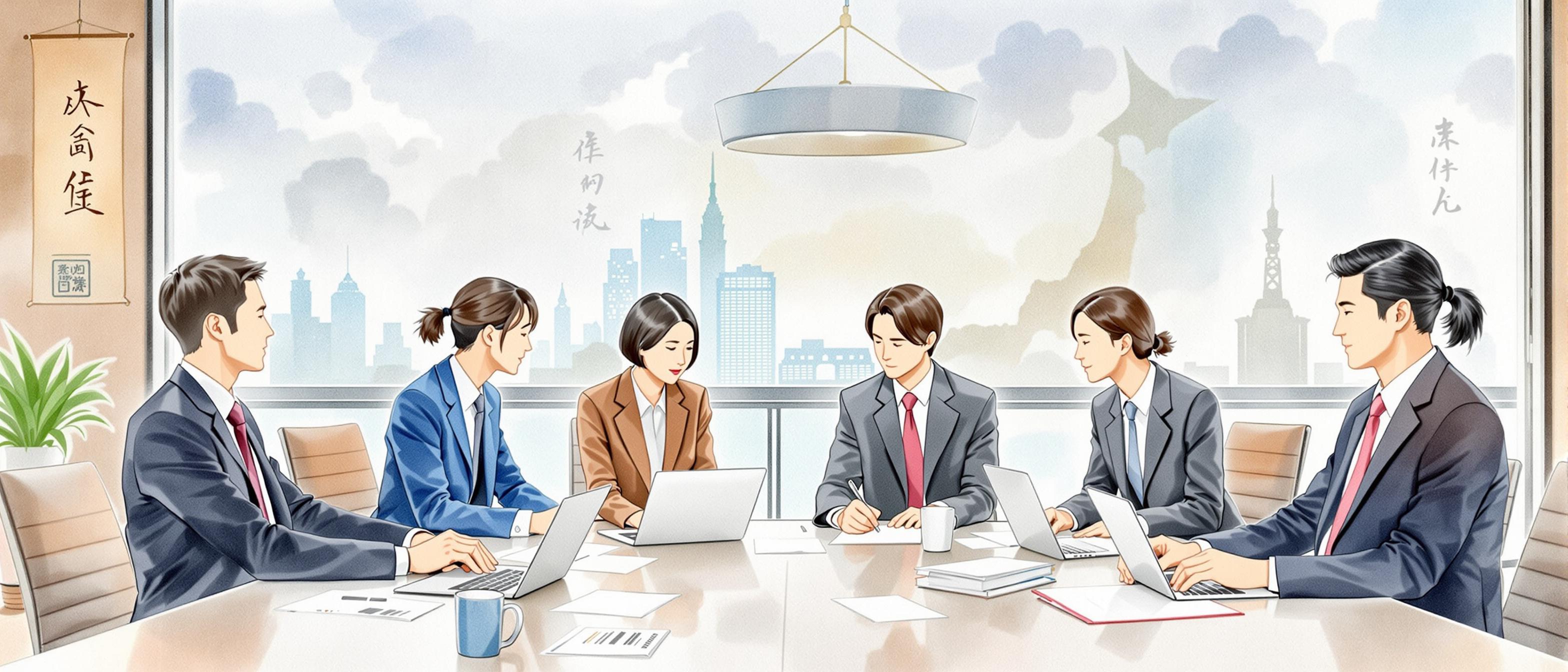/A watercolor-style image depicting a Japanese business meeting with both local and international participants, everyone dressed in business attire. The setting communicates harmony and professionalism, with paperwork, laptops, and a backdrop featuring both Kanji characters and modern Japanese skyline elements.