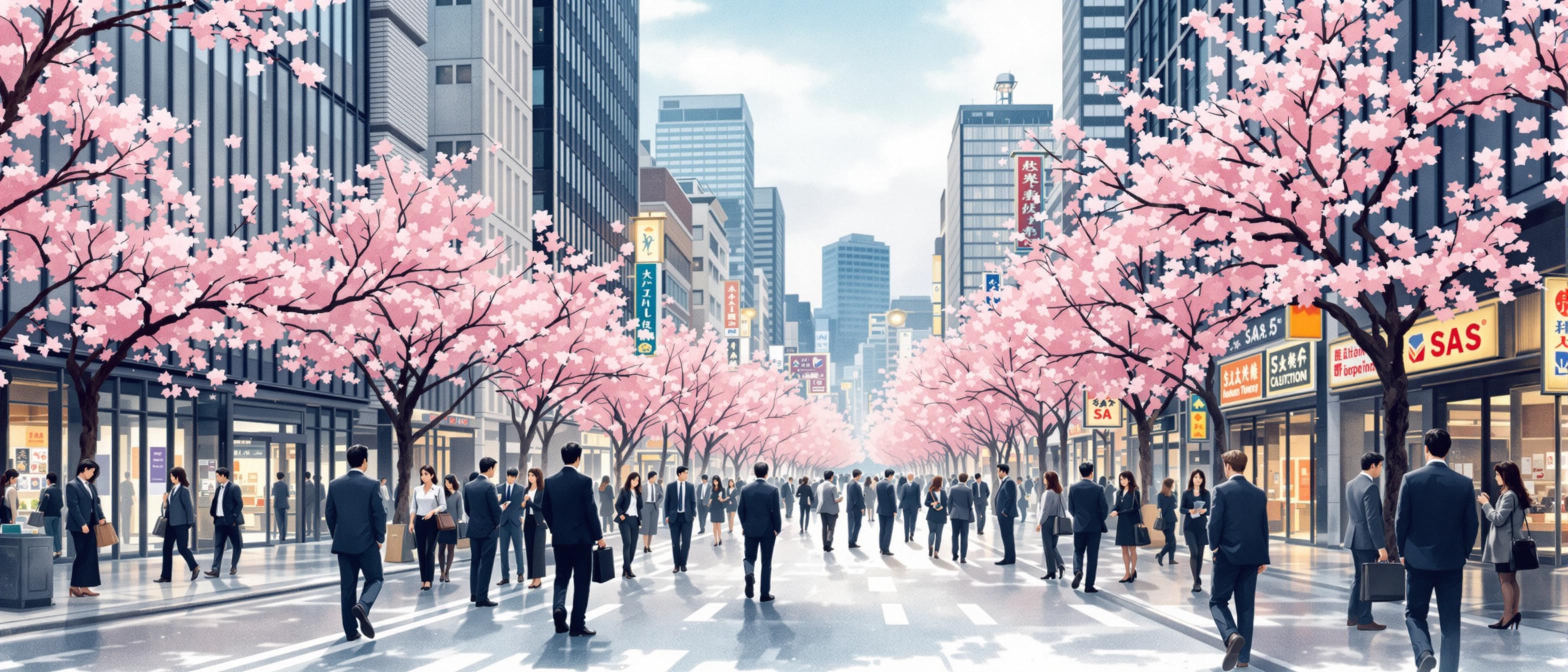 A watercolor illustration of a bustling Japanese business district with modern office towers, subtle digital elements symbolizing SaaS, and business people in formal dress engaged in conversation, set against a backdrop of cherry blossoms. The mood is professional and inviting, emphasizing sophistication and tradition.