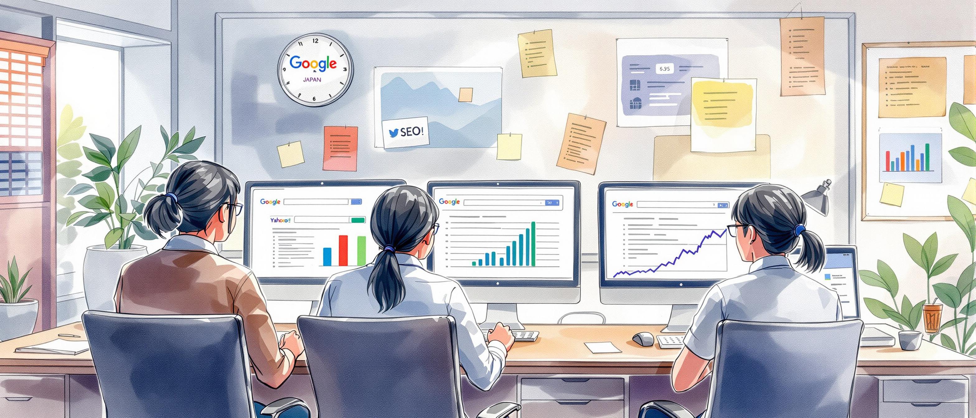 A watercolor scene of digital marketers in a Japanese office collaborating over SEO strategies, with computer screens showing Japanese search engines (Google Japan, Yahoo! Japan—but with generic search bar graphics). Include charts and digital documents (no text), and small details like sticky notes and traditional Japanese décor for local flavor. The mood is analytical and energetic. Informative tone, structure highlights teamwork and localization.