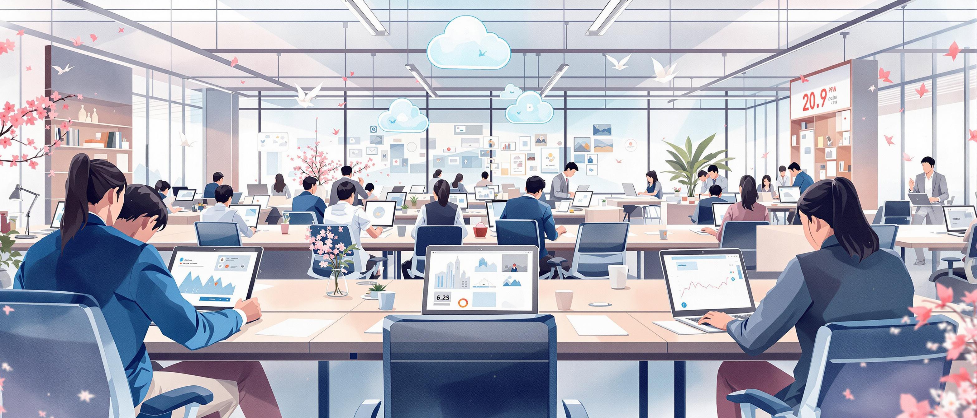 A watercolor illustration of a bustling modern Japanese office filled with workers using laptops and digital collaboration tools, with sleek cloud icons and subtle cultural motifs like sakura petals or origami cranes in the background. The environment conveys innovation, high digital literacy, and an integration of technology and traditional Japanese design.