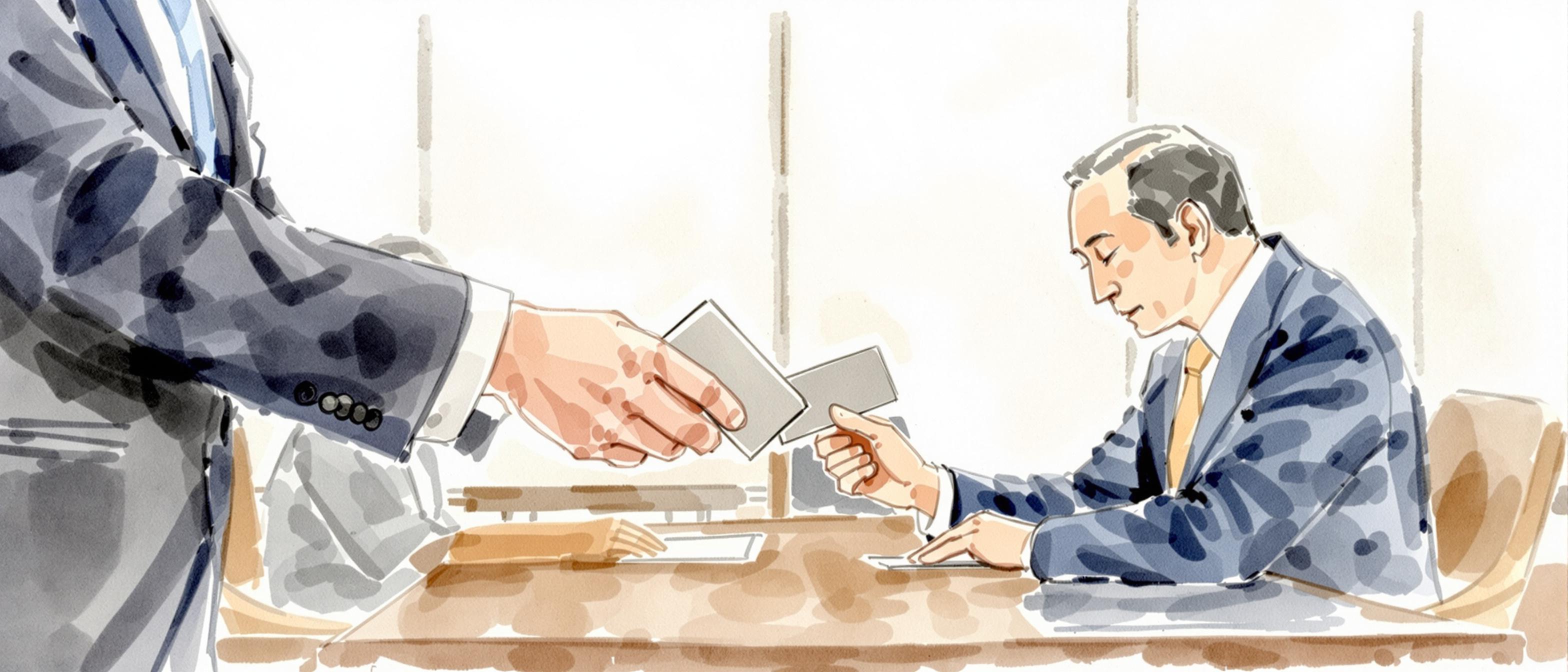 A watercolor interpretation depicting a traditional Japanese business meeting, with a focus on the formal exchange of business cards (meishi koukan). Participants are dressed in business attire, bowing slightly, and the background suggests a calm, elegant boardroom decorated with minimalist Japanese aesthetics. The atmosphere is one of mutual respect and attentiveness.