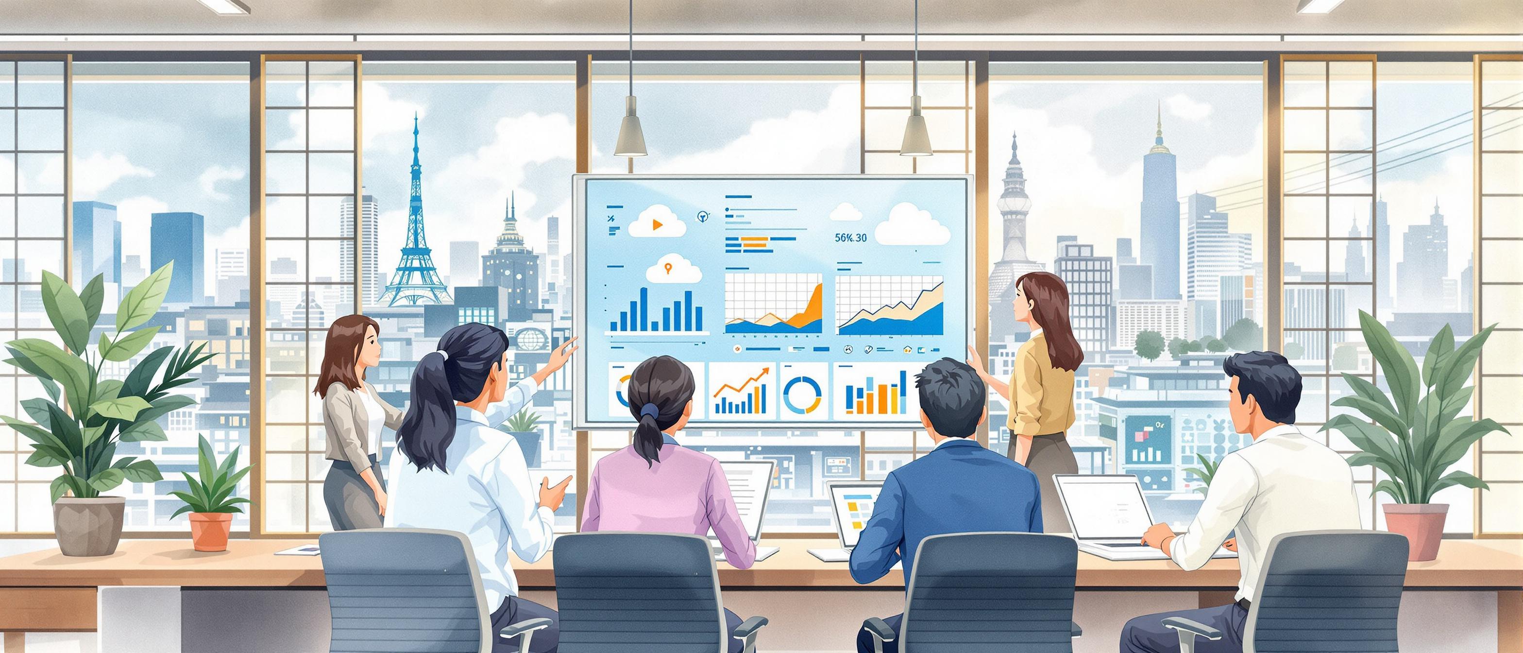 A watercolor illustration of a group of diverse professionals in a modern Japanese office setting, collaborating around a digital dashboard with charts and cloud icons, blending Japanese architectural elements like shoji screens and Tokyo cityscape in the background. The scene should communicate digital transformation and professional collaboration in Japan’s SaaS sector.