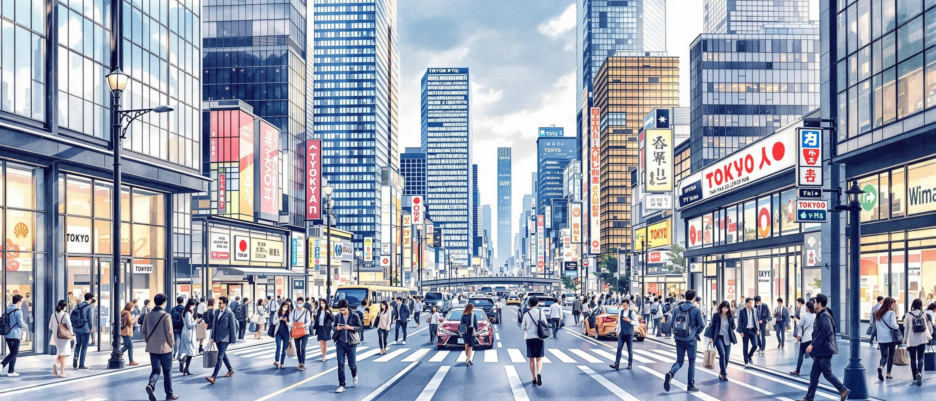 A persuasive watercolor scene depicting Tokyo’s bustling business district with a mix of modern skyscrapers and people commuting, highlighting Japan as a global tech hub. Focus on subtle hints of digital transformation—people on devices, remote work setups by windows, and diverse professionals. The mood is optimistic, dynamic, and opportunity-rich.