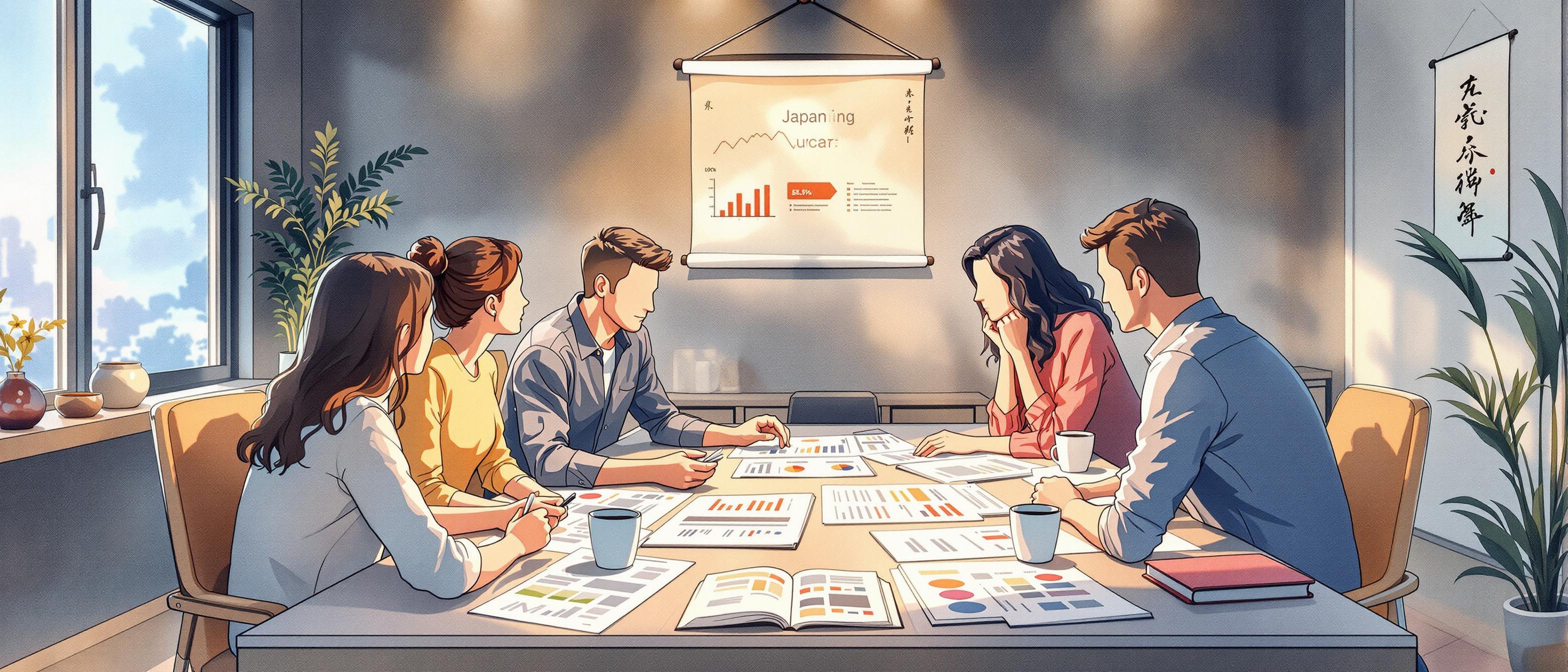 A watercolor illustration visualizing a research process for SaaS buyer personas in Japan. Show a diverse team analyzing Japanese market reports and digital charts around a shared office table, with details like open magazines, coffee cups, and soft lighting. The background should blend modern workspace aesthetics with subtle Japanese decorative touches (such as a small calligraphy scroll). The mood should be productive and inquisitive.