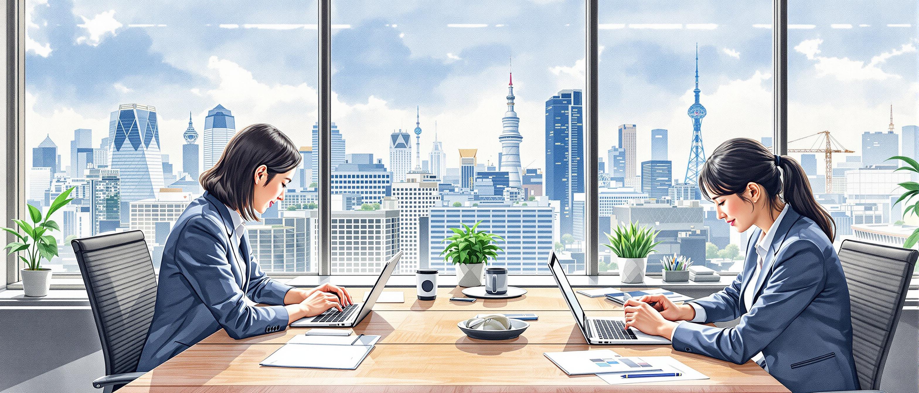 A watercolor-style illustration showing Japanese business professionals using digital devices (laptops, tablets, smartphones) in a modern office environment, with Japanese cityscape visible through the windows. The scene should convey a collaborative, technology-driven atmosphere suited for the B2B SaaS landscape in Japan. Informative tone, structure focuses on modern teamwork and digitalization.
