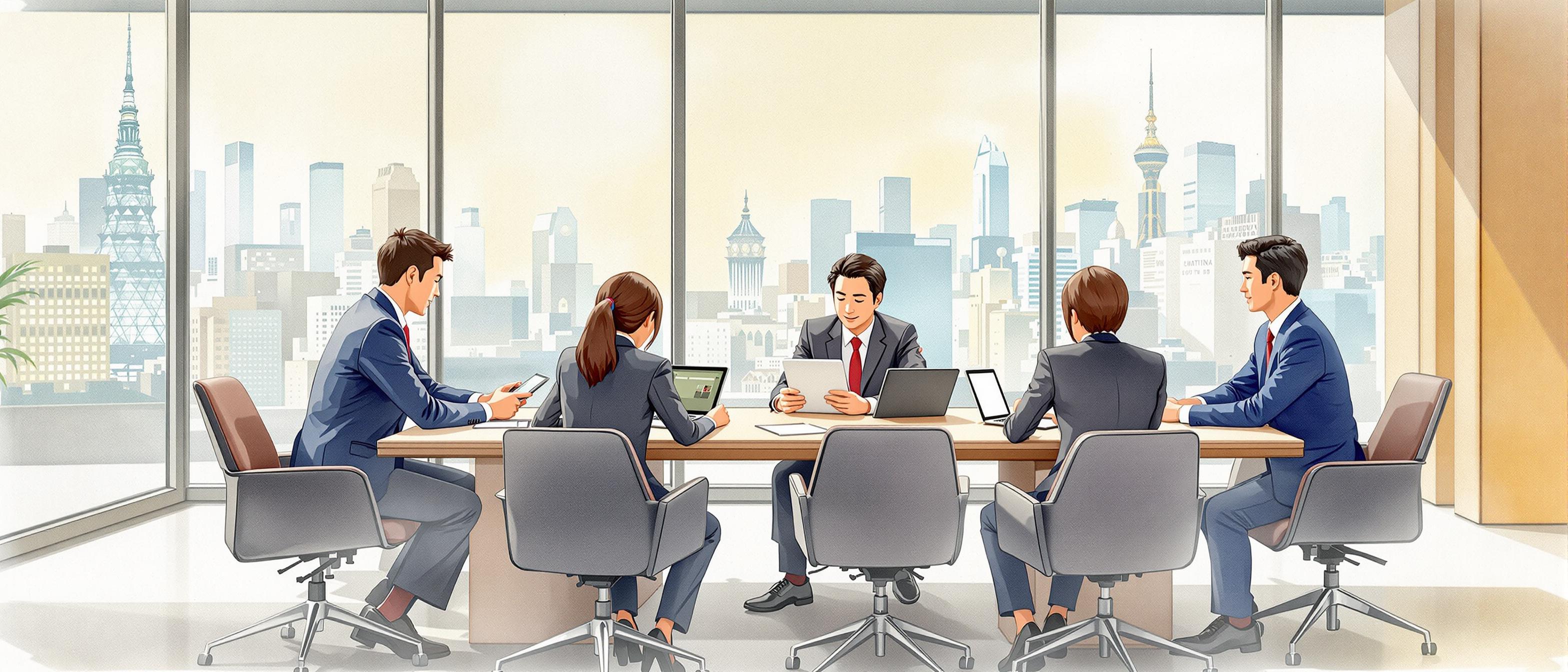 A watercolor illustration depicting a collaborative Japanese business meeting. Professionals in formal attire are engaged around a conference table, with subtle digital devices (tablets, laptops) and software interface elements present. The background should evoke a modern Tokyo office with large windows and a cityscape outside, emphasizing harmony and teamwork in decision-making. The mood should be professional and focused, with warm, subtle tones conveying trust and reliability.