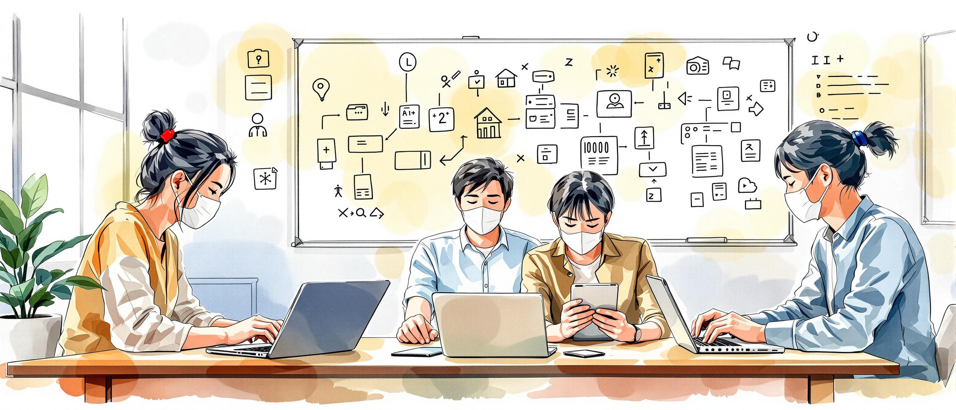 / A watercolor-style scene of a multicultural team (including both Japanese and international members) collaborating on laptops and tablets, surrounded by Japanese-themed UI sketches, with icons representing privacy and group workflow on a whiteboard in the background.