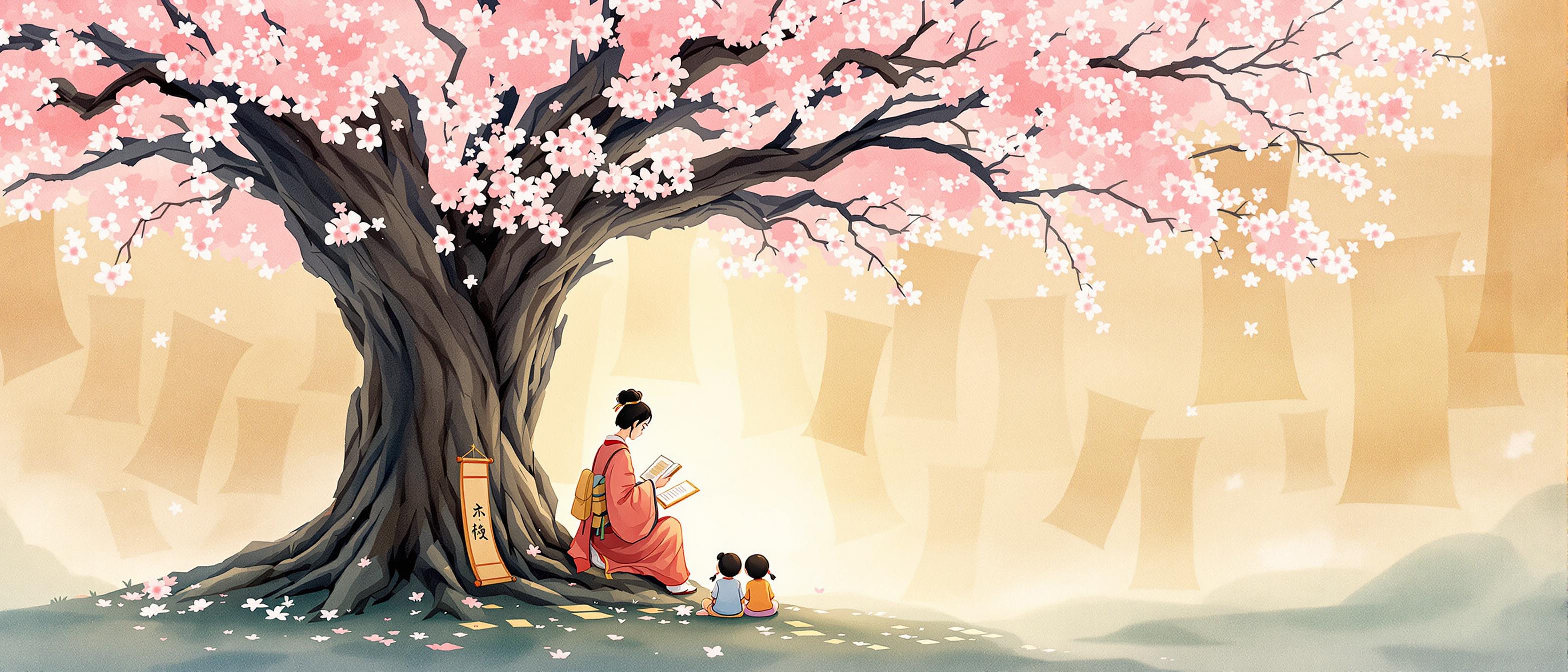 A watercolor illustration depicting a traditional Japanese storyteller beneath a cherry blossom tree, sharing stories with a small group. The background merges ancient scrolls and soft digital iconography to visually represent the fusion of tradition and technology, evoking a scene of harmony and cultural richness. Informative, serene mood, supporting the theme of storytelling’s importance in Japanese culture.