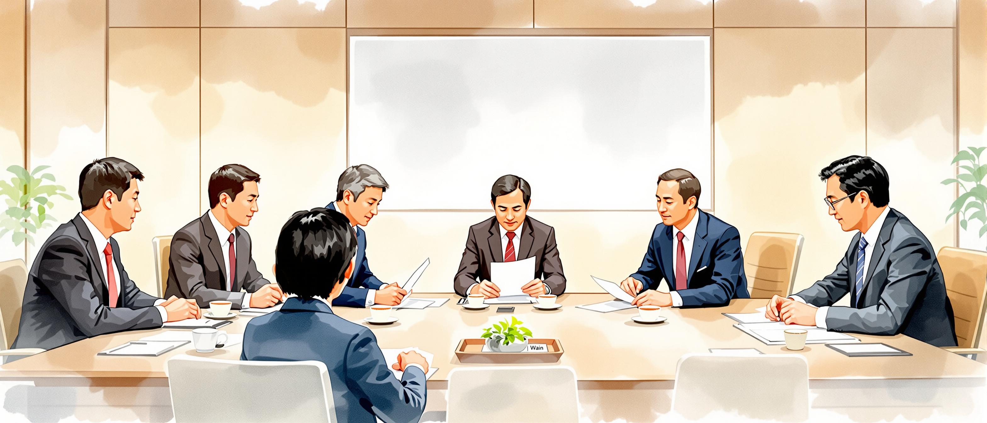 Informative structure: Watercolor scene of a Japanese corporate boardroom, with multiple professionals of different seniorities in business attire gathered around a table, reviewing documents and collaborating. The mood should reflect consensus-driven decision-making, formality, and trust, with subtle details like tea cups, name cards, and a calm, orderly ambiance distinctive to Japanese business meetings.