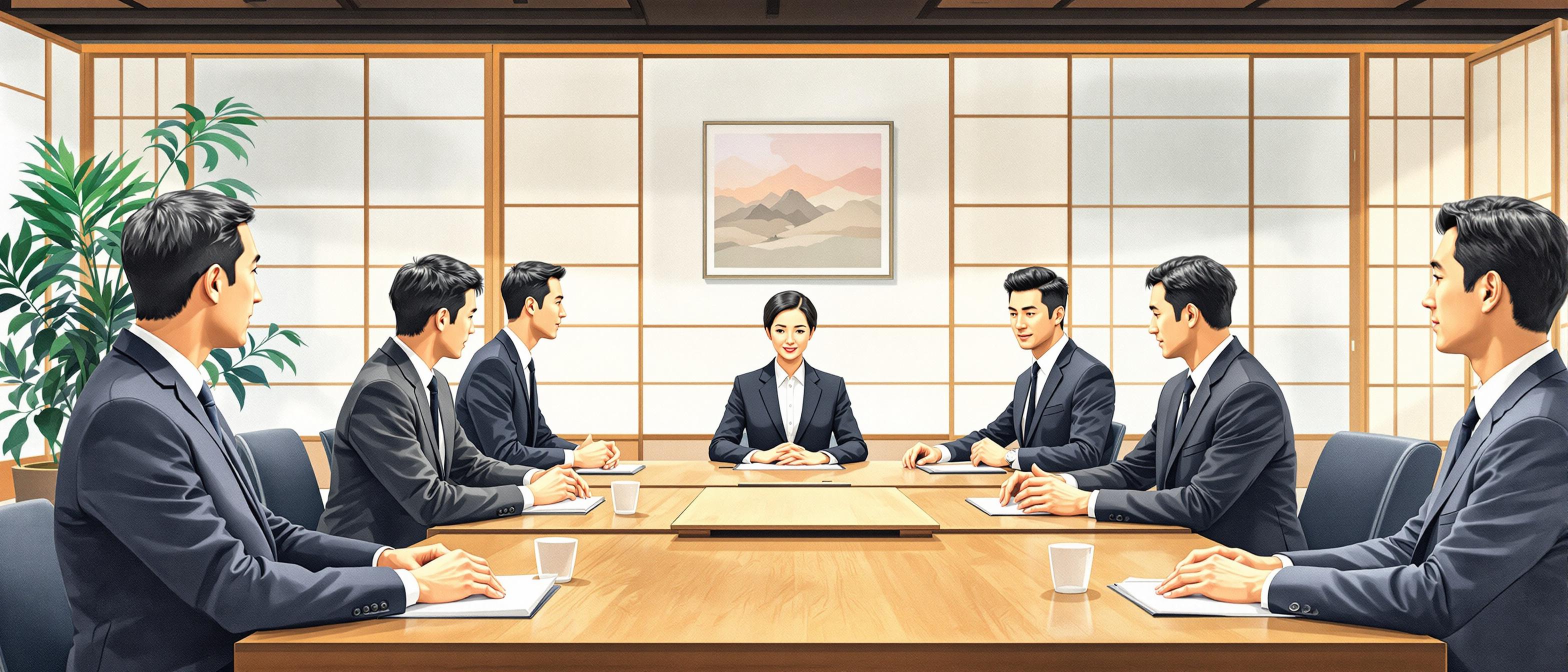 A watercolor illustration of a Japanese business meeting scene. Several professionals in formal attire are gathered around a long wooden table, engaging in a respectful group discussion. The background features a subtle view of a modern office with soft traditional Japanese elements (shoji screens, minimalistic art). The mood conveys patience, transparency, and consensus-building.