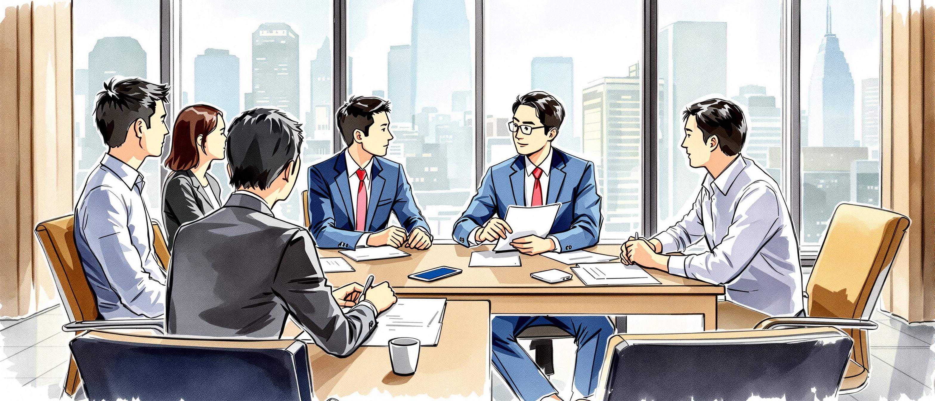 A watercolor-style illustration of a Japanese business meeting with several professionals seated around a conference table. The background features large windows with a cityscape view, and documents and digital devices are visible on the table. The mood is professional and collaborative, highlighting consensus-based decision-making.