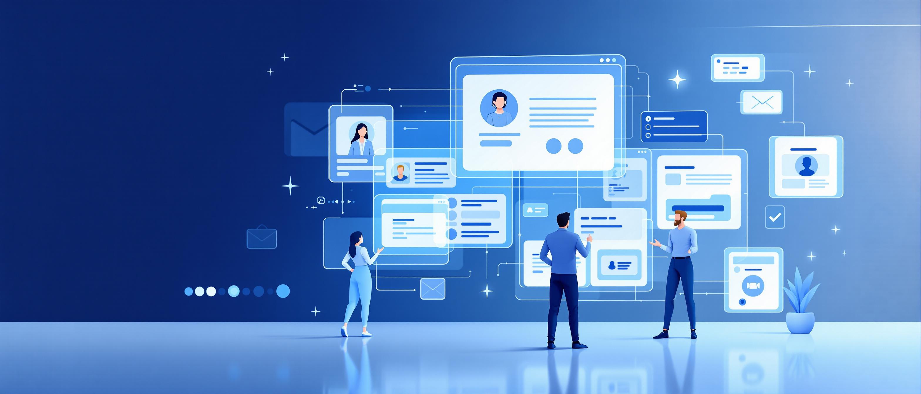 Informative, futuristic_ui_mockup style representation of multi-channel customer support: sleek UI panels simulating support channels such as phone, live chat, and email interfaces, each attended by stylized support agent avatars. The digital environment radiates accessibility and professionalism with a cool, inviting blue and white color palette, suggesting promptness and cultural sensitivity, with visual cues suggesting helpfulness (such as abstract icons for help or handshake). No text or letters are present.