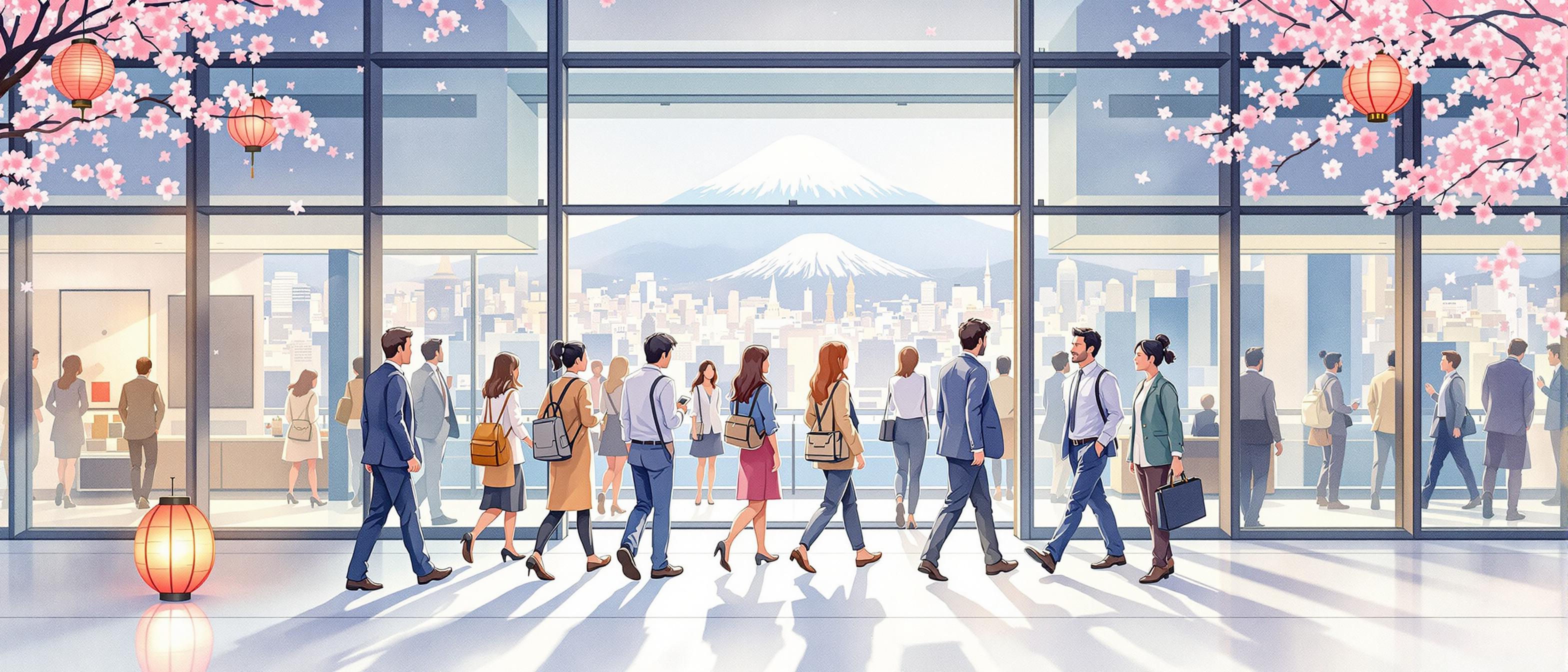 A watercolor illustration depicting a diverse team of professionals from various countries walking together into a modern Japanese office building, surrounded by subtle symbols of Japanese culture such as cherry blossoms and traditional paper lanterns. The mood is welcoming, collaborative, and optimistic, set against a backdrop of Tokyo’s cityscape with Mount Fuji faintly visible in the distance.