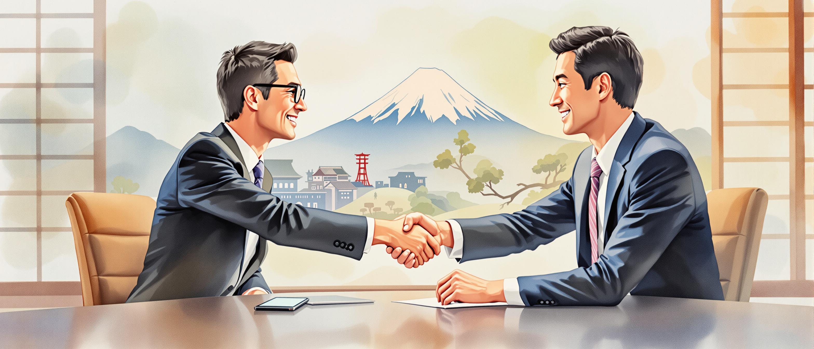 A watercolor painting depicting trust-building in SaaS for Japan: two business professionals—one Western and one Japanese—engage in a friendly handshake at a meeting table, with a backdrop of interwoven technology elements and traditional motifs like a shoji screen and a subtle Mt. Fuji silhouette. The scene exudes trust, partnership, and successful collaboration, blending warm and cool watercolor hues. (persuasive tone, informal yet professional structure)