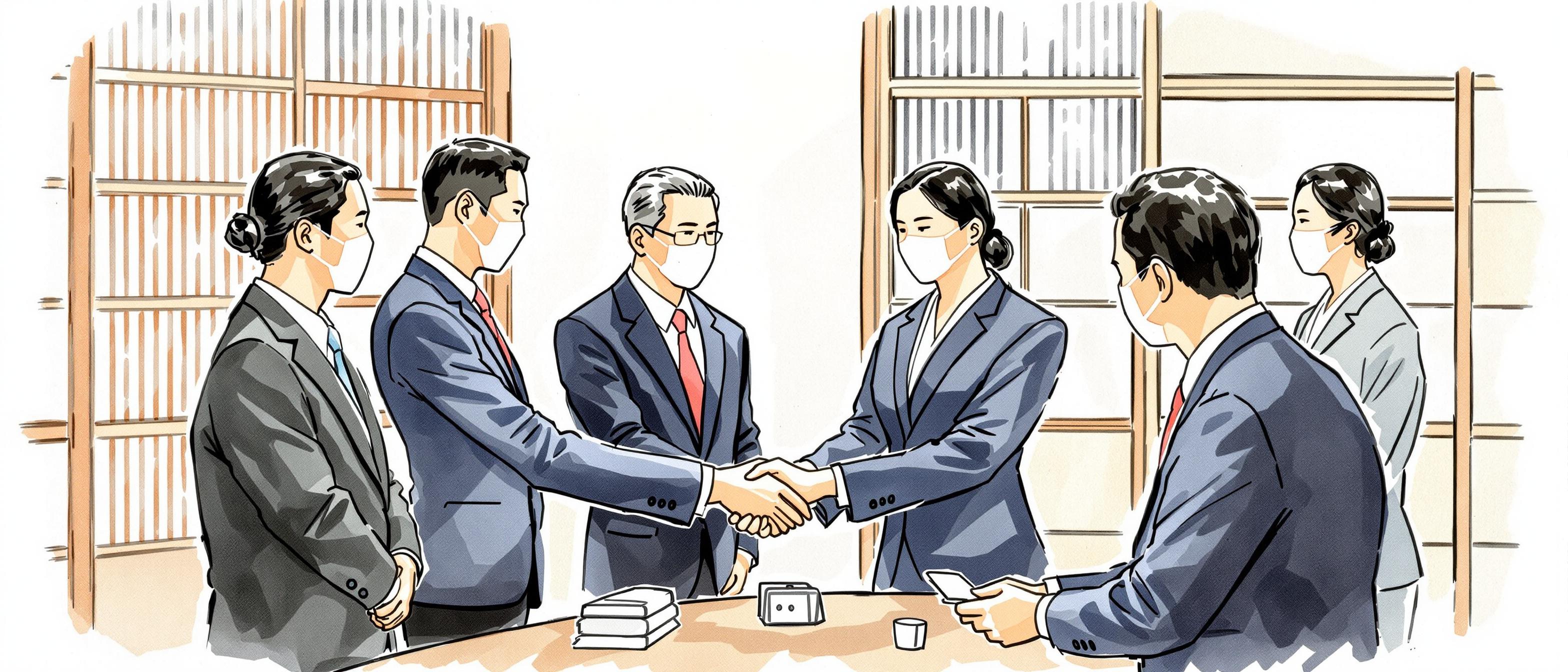 A detailed watercolor illustration of a Japanese business meeting in progress. Several professionals are standing and exchanging business cards with both hands, their expressions respectful and ceremonial. The background hints at a modern office yet includes traditional Japanese design elements like sliding doors or wooden latticework, emphasizing the ritual and formality of communication and etiquette in Japan. (Informative tone, process structure)