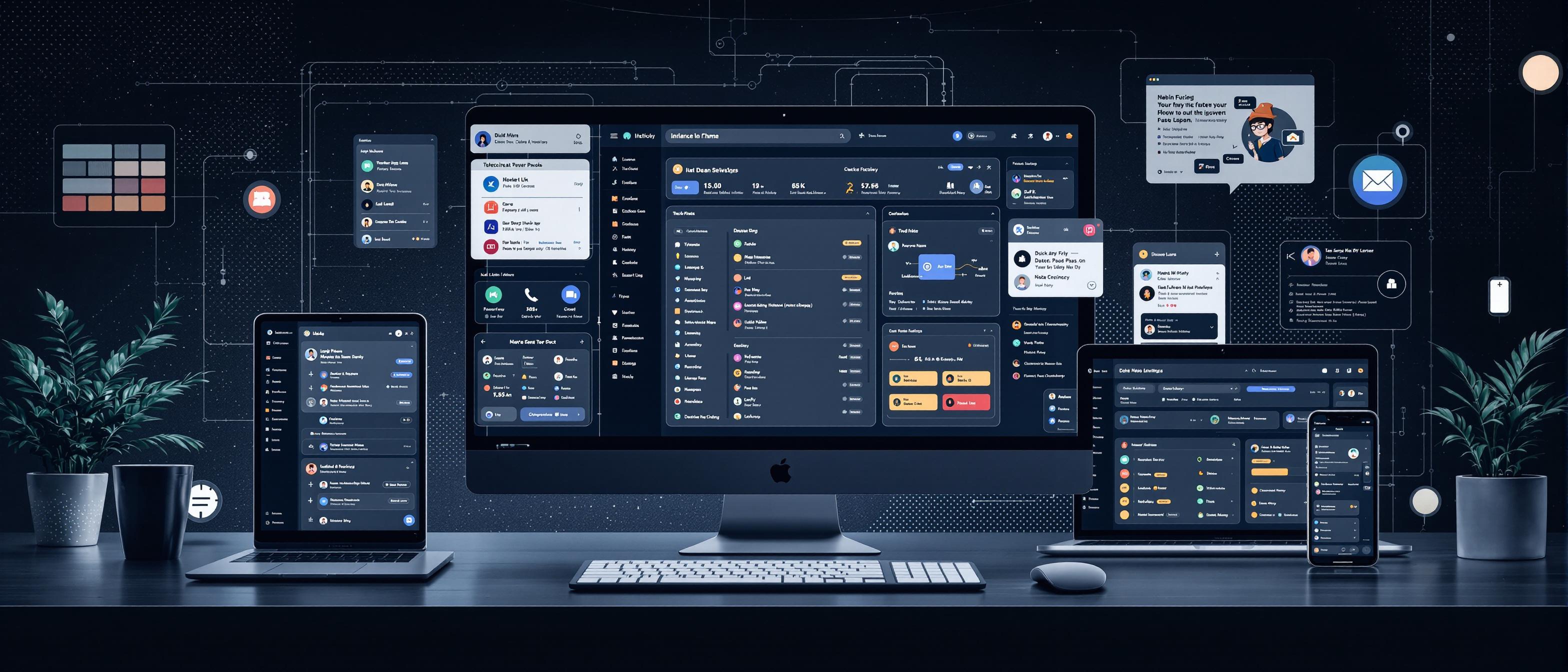 Informative, futuristic_ui_mockup style depiction of a SaaS product localized for Japanese users: dense interface layout with segmented panels, distinct menu bars, culturally familiar pictograms for notifications/settings, various digital device displays (laptop, tablet, phone) showing seamless workflow transitions. The background includes subtle allusions to Japanese design—structured minimalism, hints of traditional patterns—while conveying a modern digital workspace without any written language.