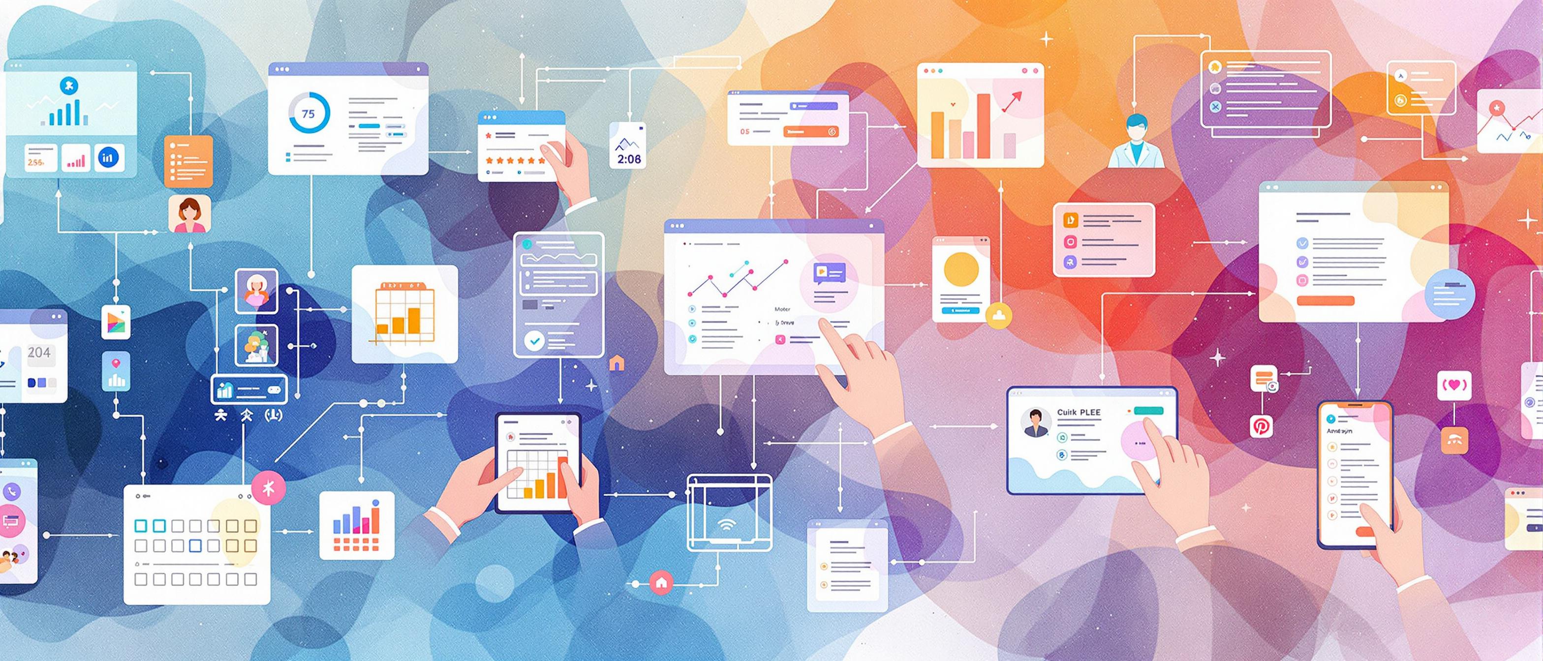 A vibrant watercolor image of diverse digital touchpoints—such as a SaaS dashboard, mobile app screens, and support interactions—each modified to display Japanese cultural adaptations (e.g., calendar with Japanese eras, local payment icons, Japanese characters). The background should be light and abstract, representing seamless integration and user satisfaction. (persuasive tone, roadmap structure)